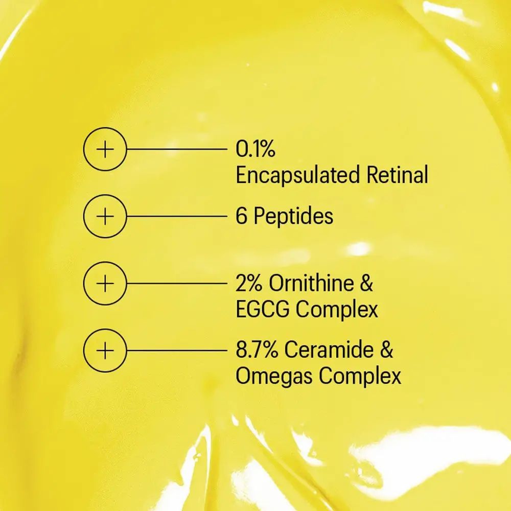 Crema gialla con testo. 0,1% Retinale incapsulato, 6 Peptidi, 2% Complesso Ornitina & EGCG, 8,7% Complesso Ceramidi & Omega.
