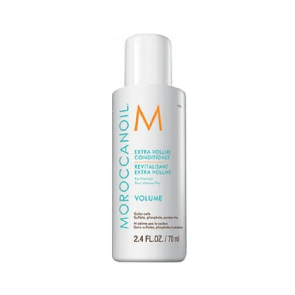 Flacone bianco con logo arancione e testo. Contiene "Extra Volume Conditioner". Testo: "Color-safe".
