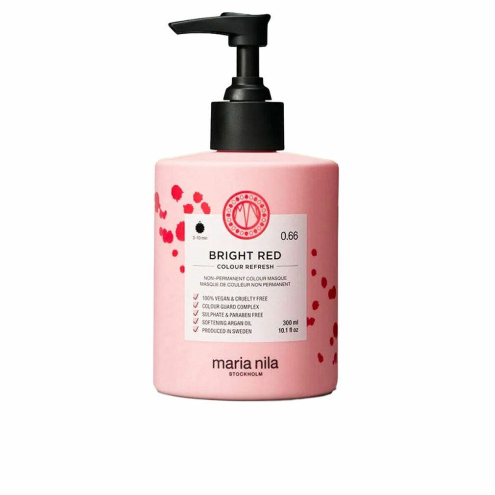 Flacone rosa con erogatore nero. Etichetta con nome prodotto e ingredienti. Marchio: Maria Nila. Testo: Bright Red Colour Refresh.
