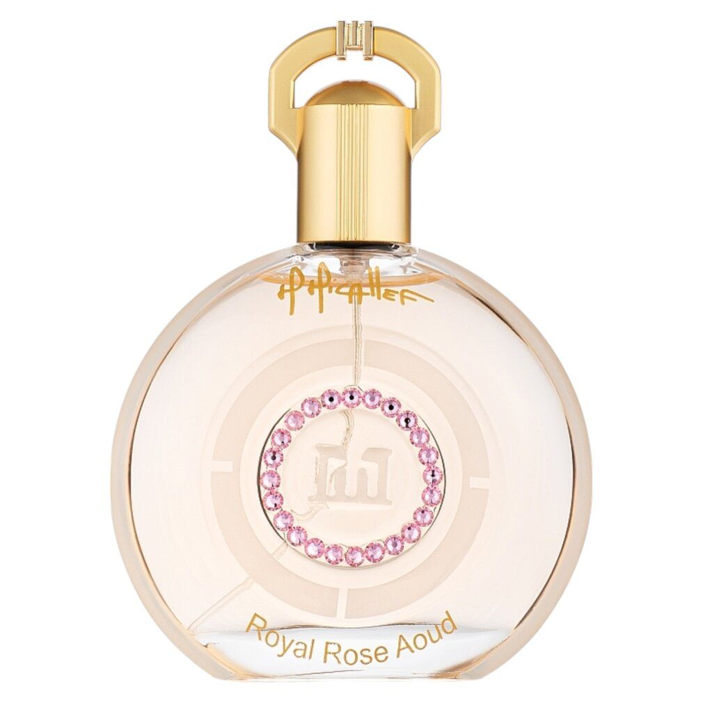 Flacone rotondo in vetro con tappo dorato. Scritta: Royal Rose Oud. Marchio: M. Micallef. Anello di pietre rosa.