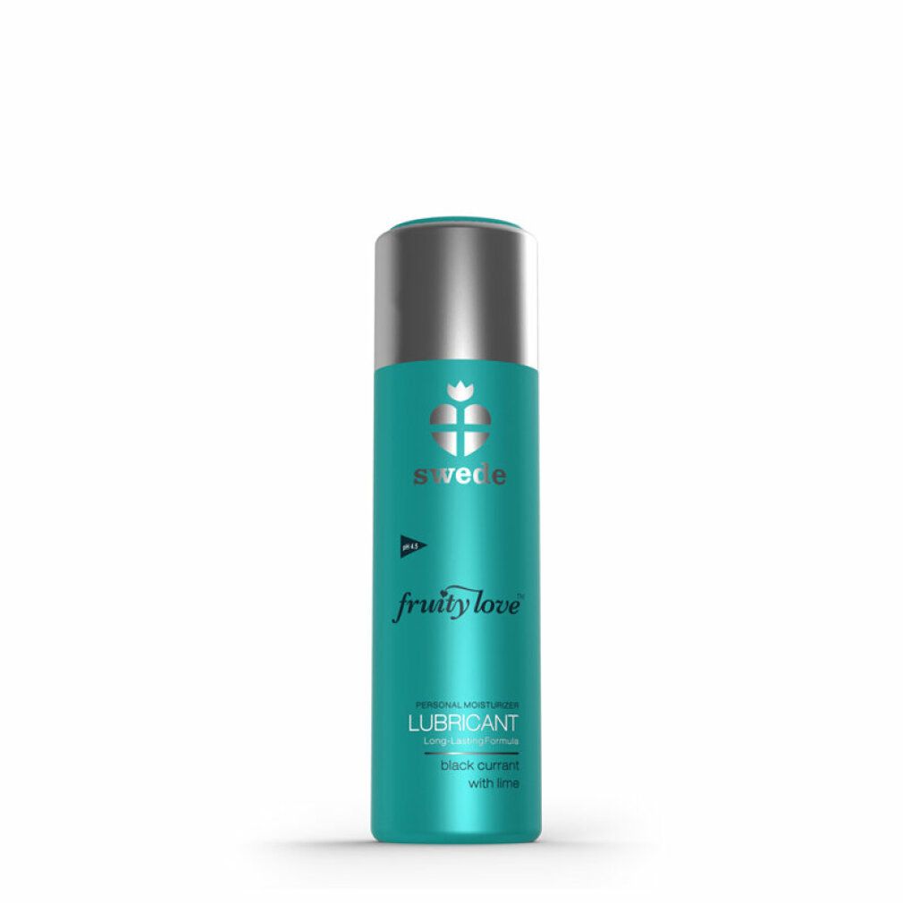 Flacone turchese con tappo argentato. Scritta: Swede, Fruity Love, Lubricant, Black Currant with Lime.