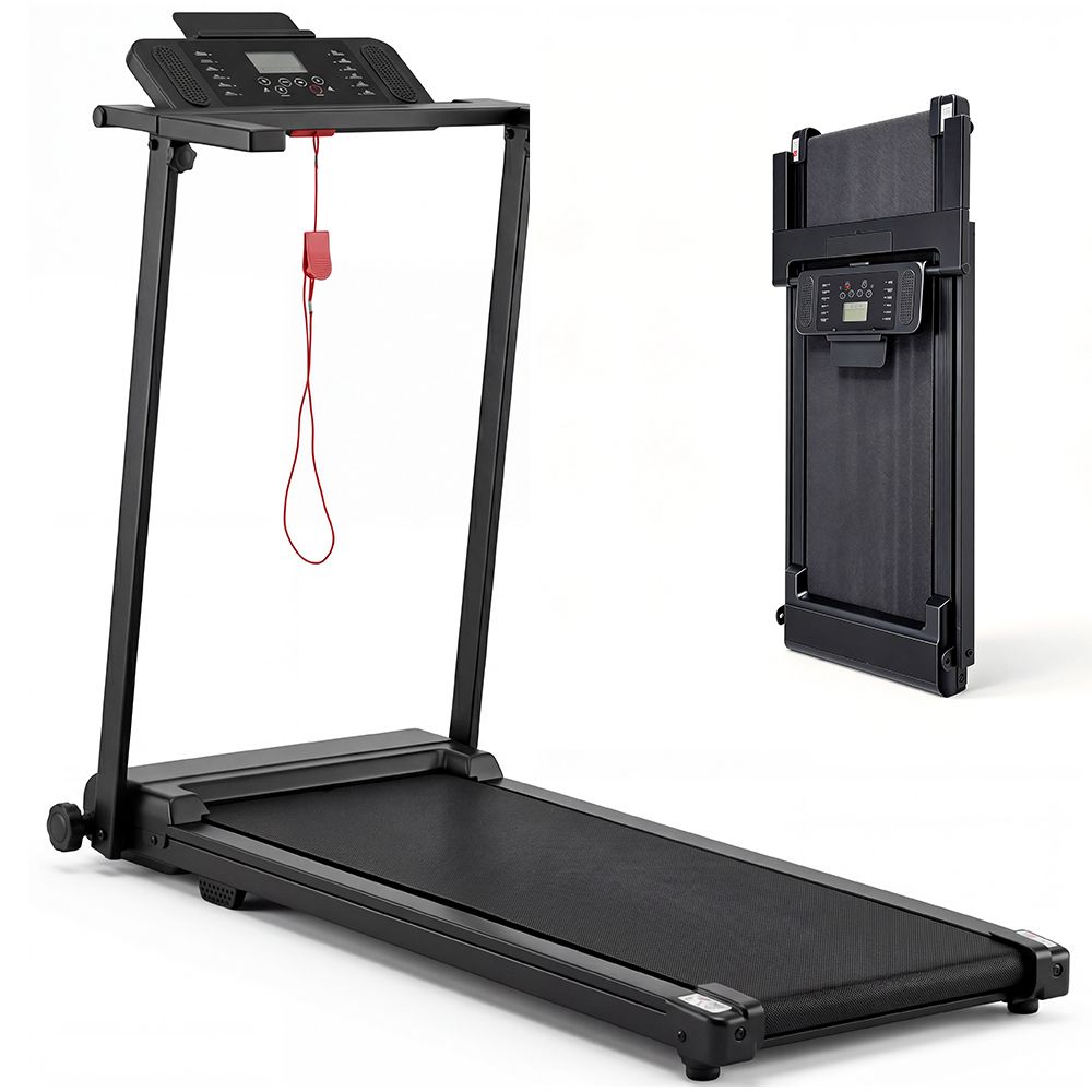 Tapis roulant nero pieghevole. Console con display. Clip di sicurezza rosso. Mostrato in posizione verticale e piegato.