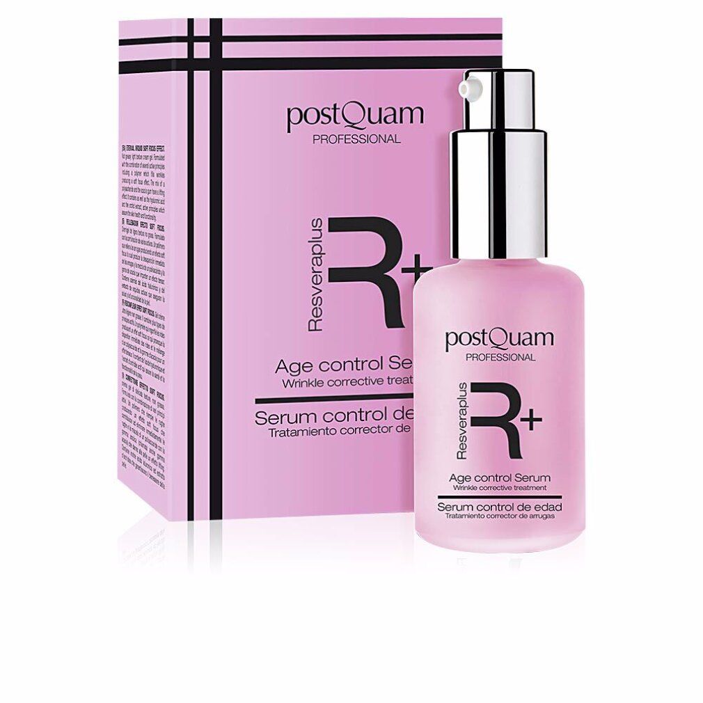 Flacone rosa con vaporizzatore e confezione. Scritta: Postquam Resveraplus Age control Serum. Trattamento correttivo rughe.