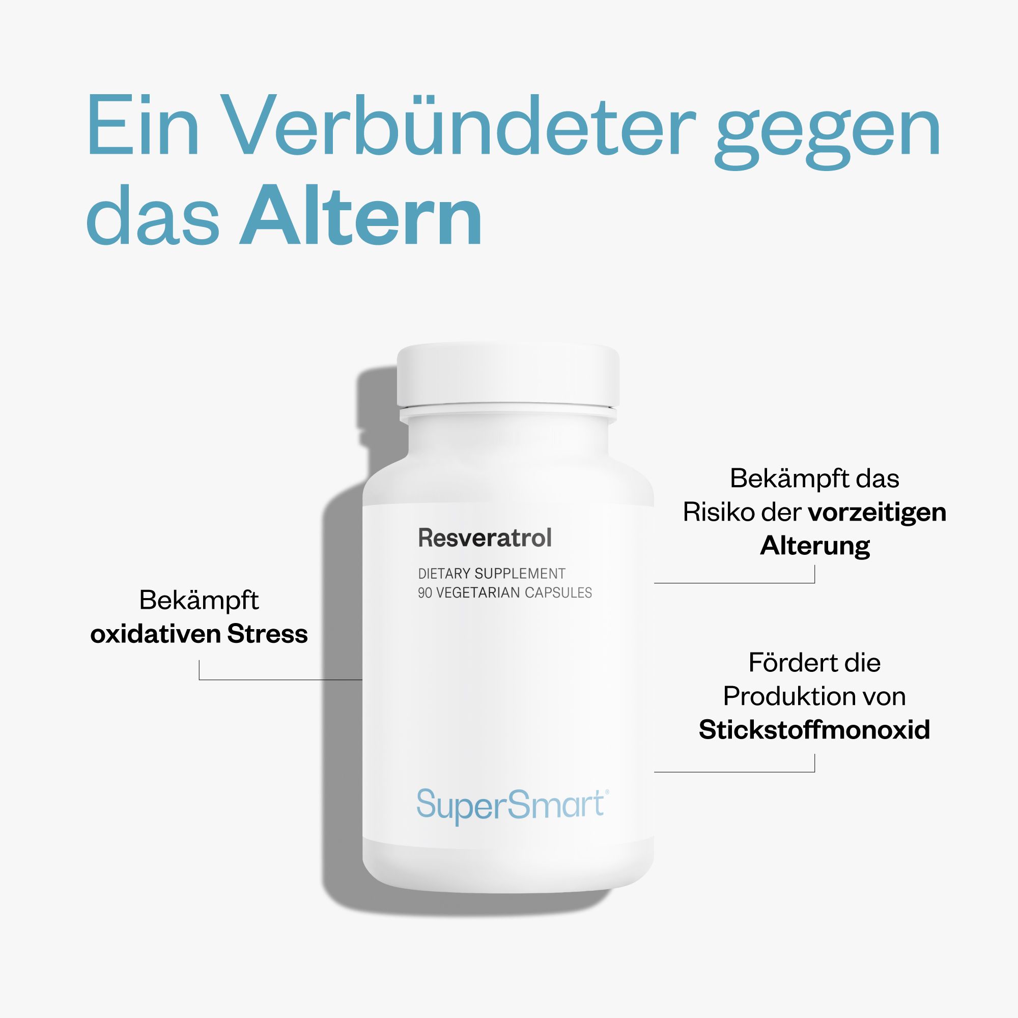 Flacone bianco di capsule di resveratrolo. Marchio SuperSmart. Scritta: Dietary Supplement, 90 capsule vegetariane. Testo: Combatte lo stress ossidativo.