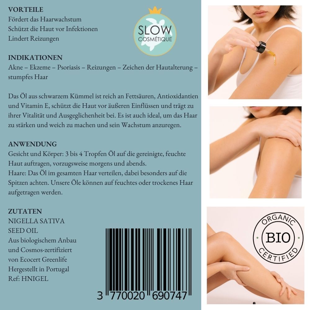 Retro confezione prodotto. Testo su benefici, indicazioni, uso, ingredienti. Certificazione bio.