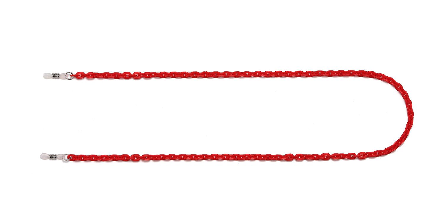 Catenina occhiali rossa. Design intrecciato. Estremità metalliche per il fissaggio alle aste. Sfondo bianco.