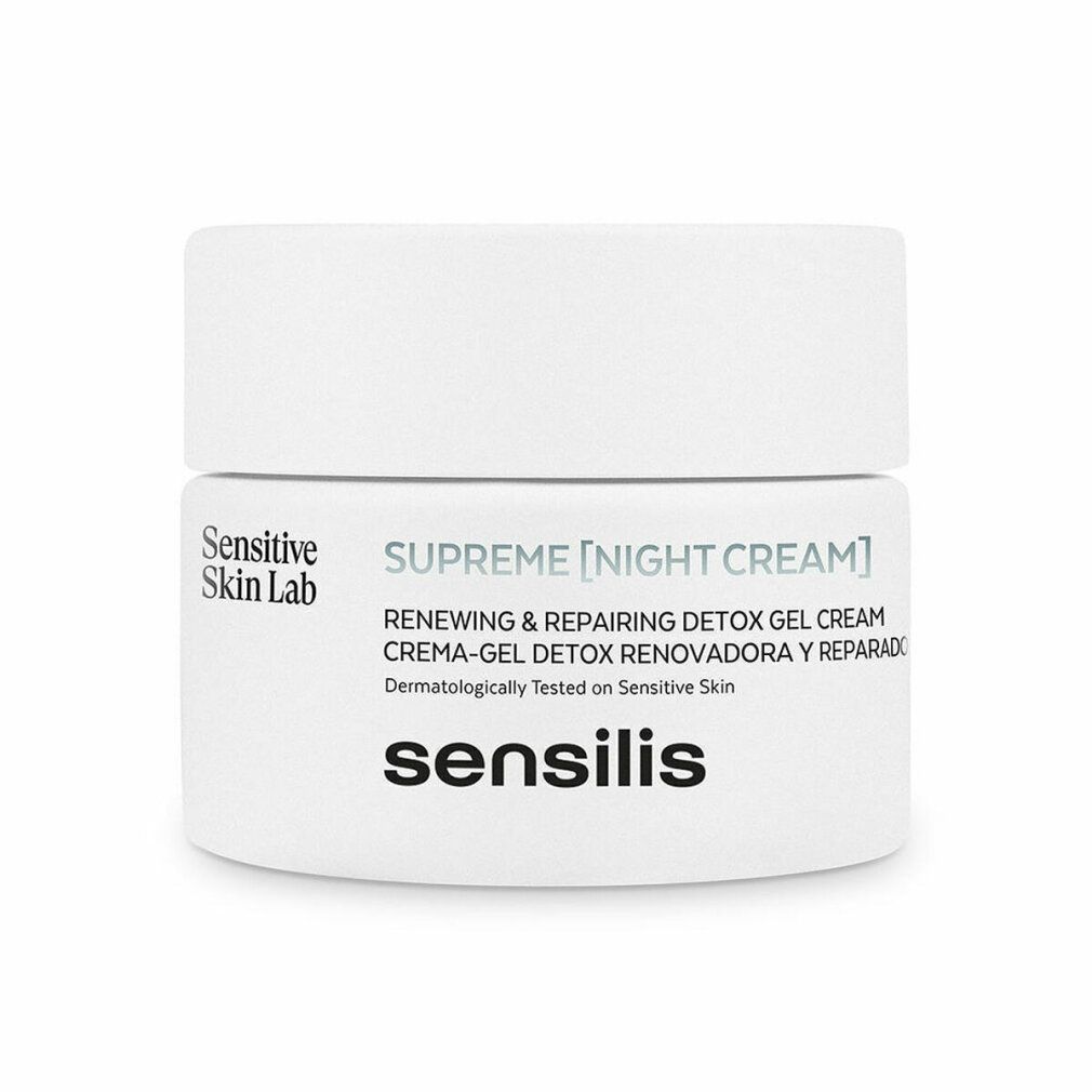 Vasetto bianco con coperchio. Scritta: Supreme [Night Cream], Sensilis. Testo: Renewing & Repairing Detox Gel Cream.