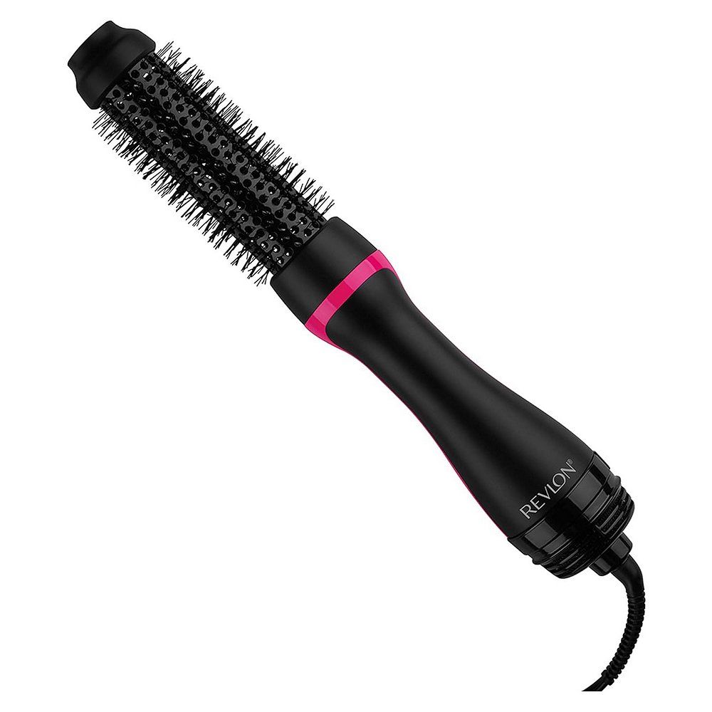 Asciugacapelli e volumizzatore Revlon, nero con accenti rosa e setole rotanti.