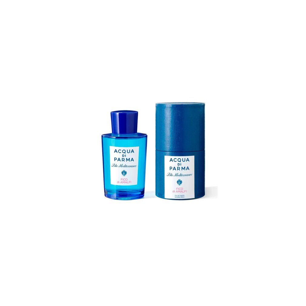 Flacone di profumo blu e confezione cilindrica. Scritta: Acqua di Parma, Blu Mediterraneo, Fico di Amalfi.