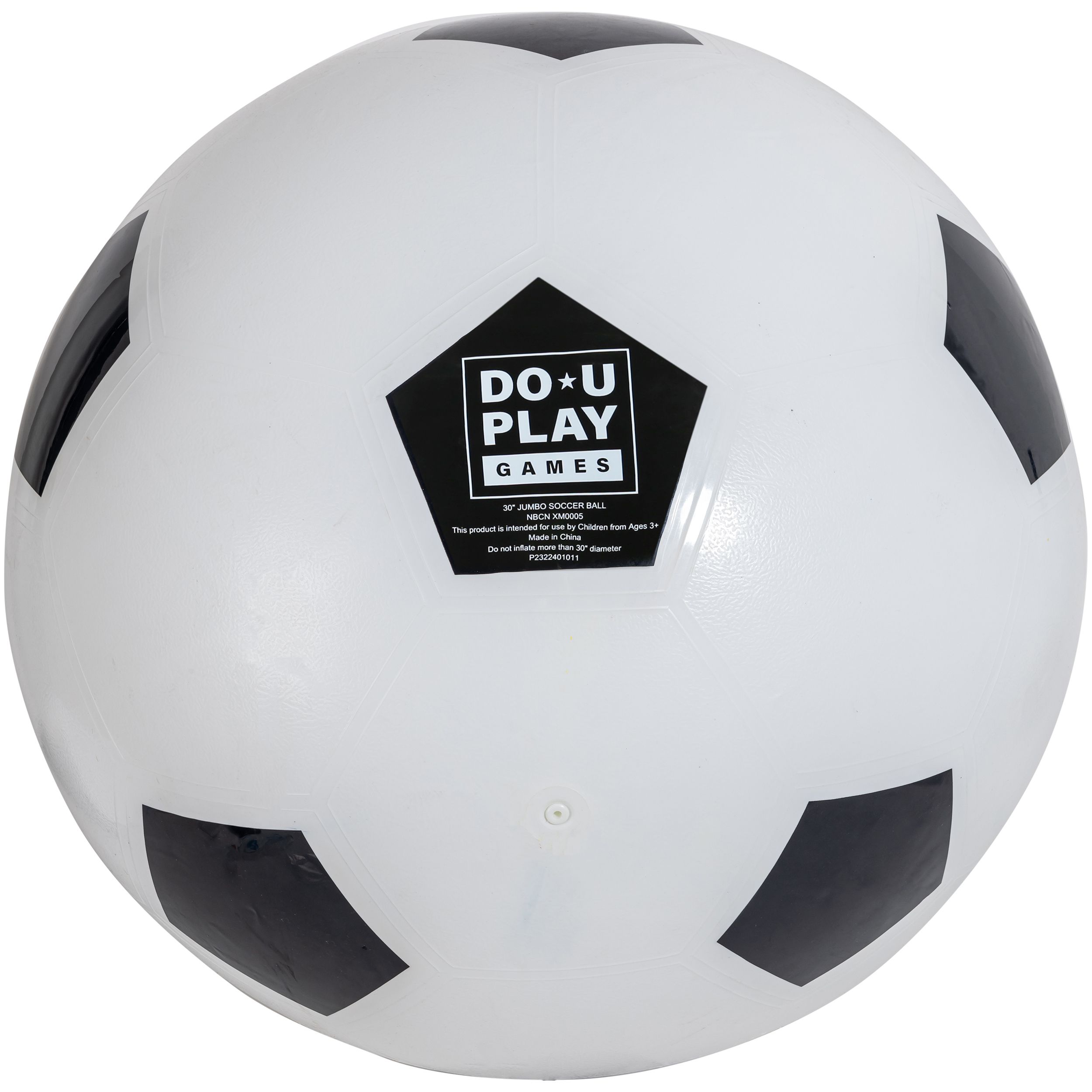 Pallone da calcio bianco con pentagoni neri. Logo: Do-U Play Games. Scritta: 36" Jumbo Soccer Ball.