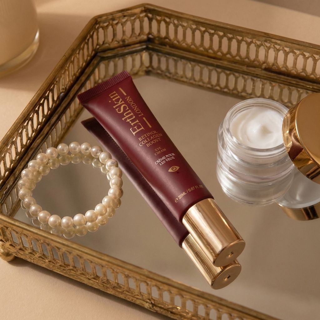 Tubo di crema contorno occhi ErthSkin Retinol Collagen Boost su un vassoio a specchio con perle e un piccolo barattolo di crema.