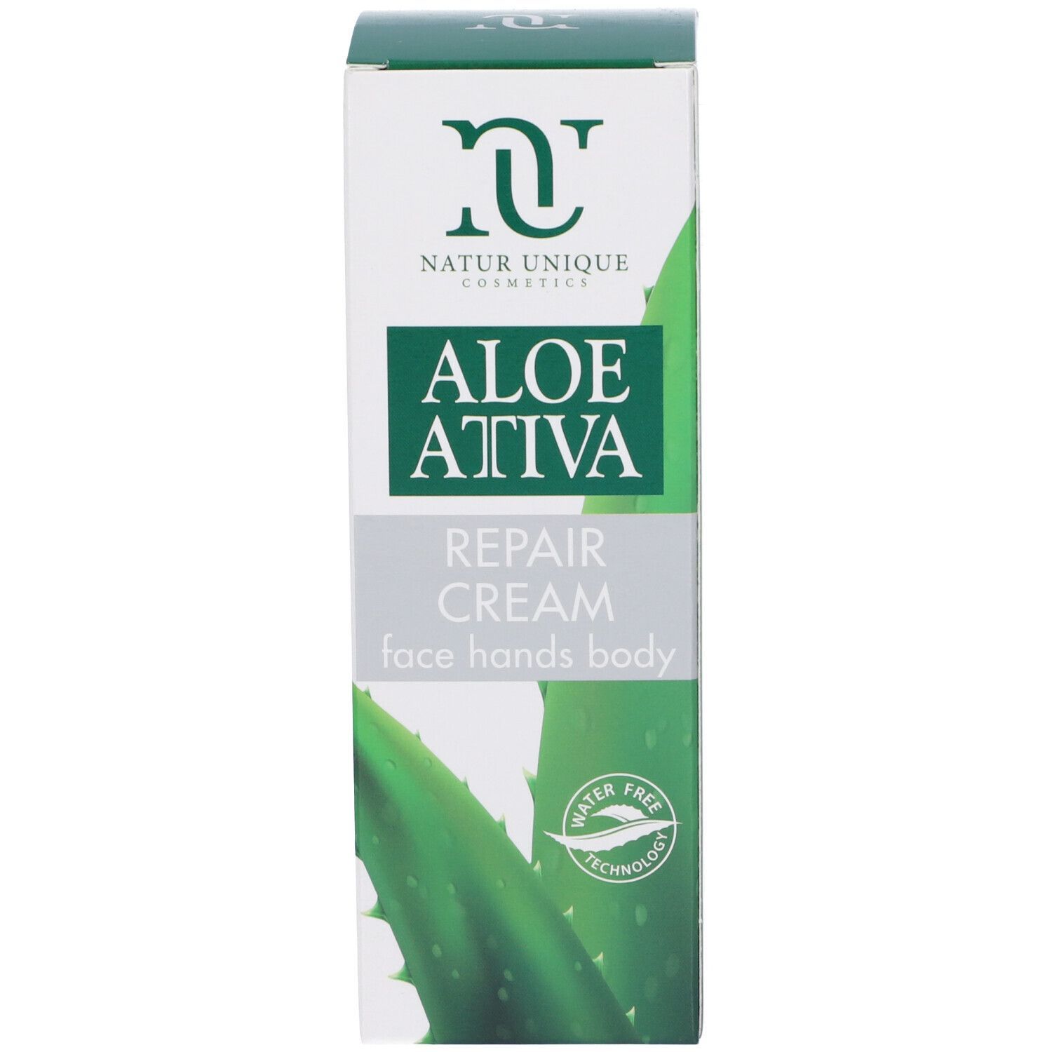 Scatola con scritta: Aloe Ativa Repair Cream. Confezione verde e bianca. Logo Natur Unique Cosmetics. Illustrazione foglia di aloe.
