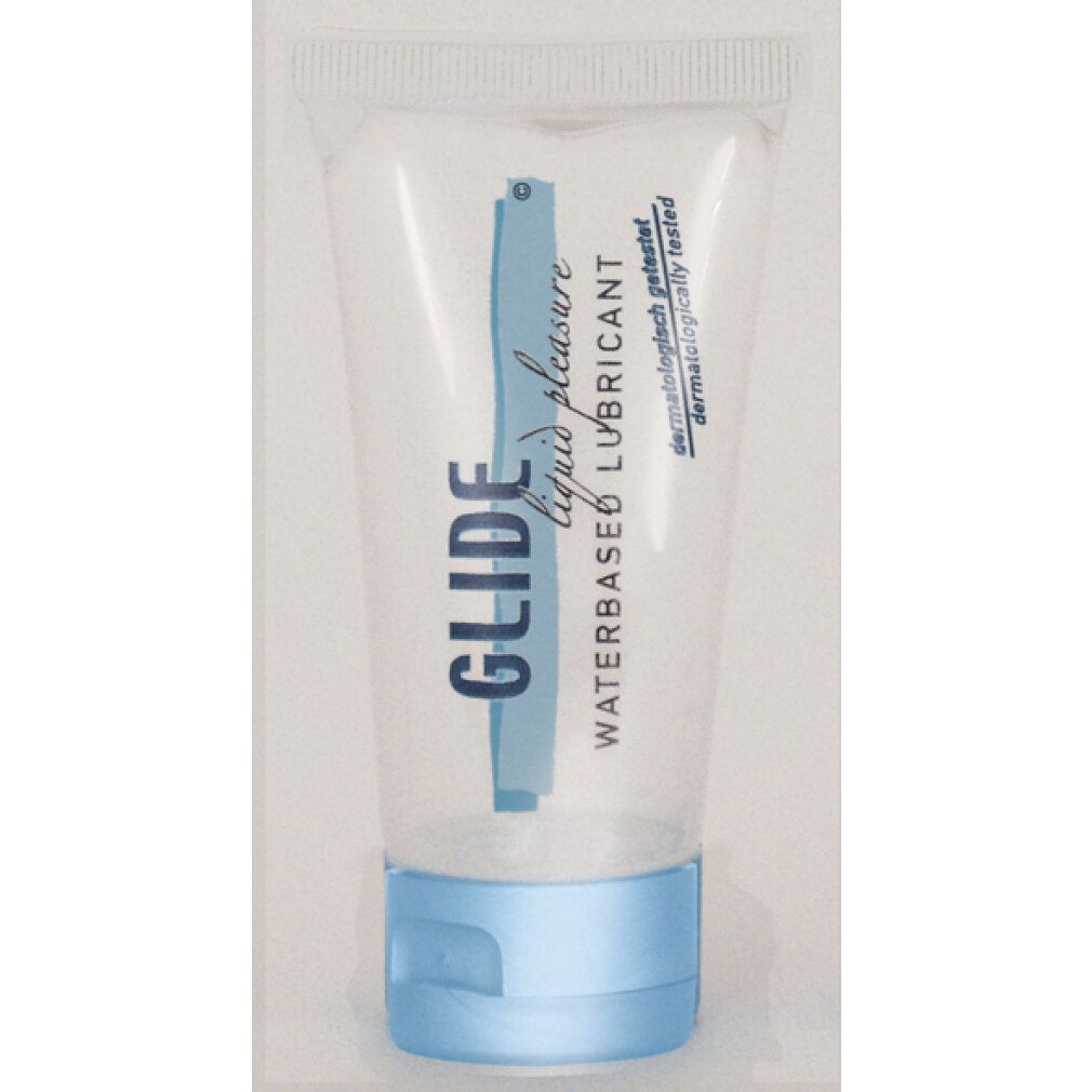 Tubo trasparente con tappo blu. Scritta: GLIDE liquid pleasure, WATERBASED LUBRICANT. Dermatologicamente testato.