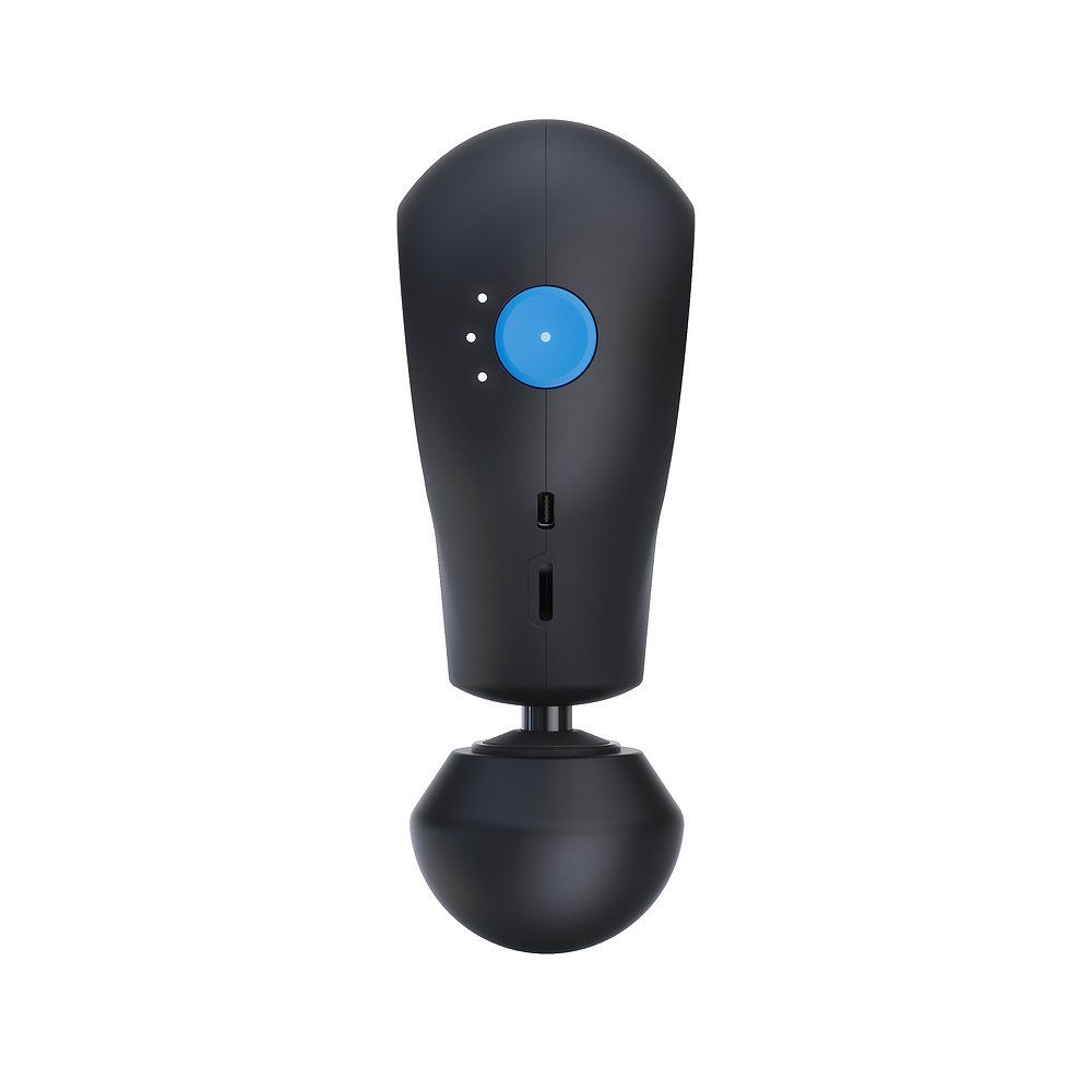 Massaggiatore nero con pulsante blu e tre LED bianchi. Base rotonda.