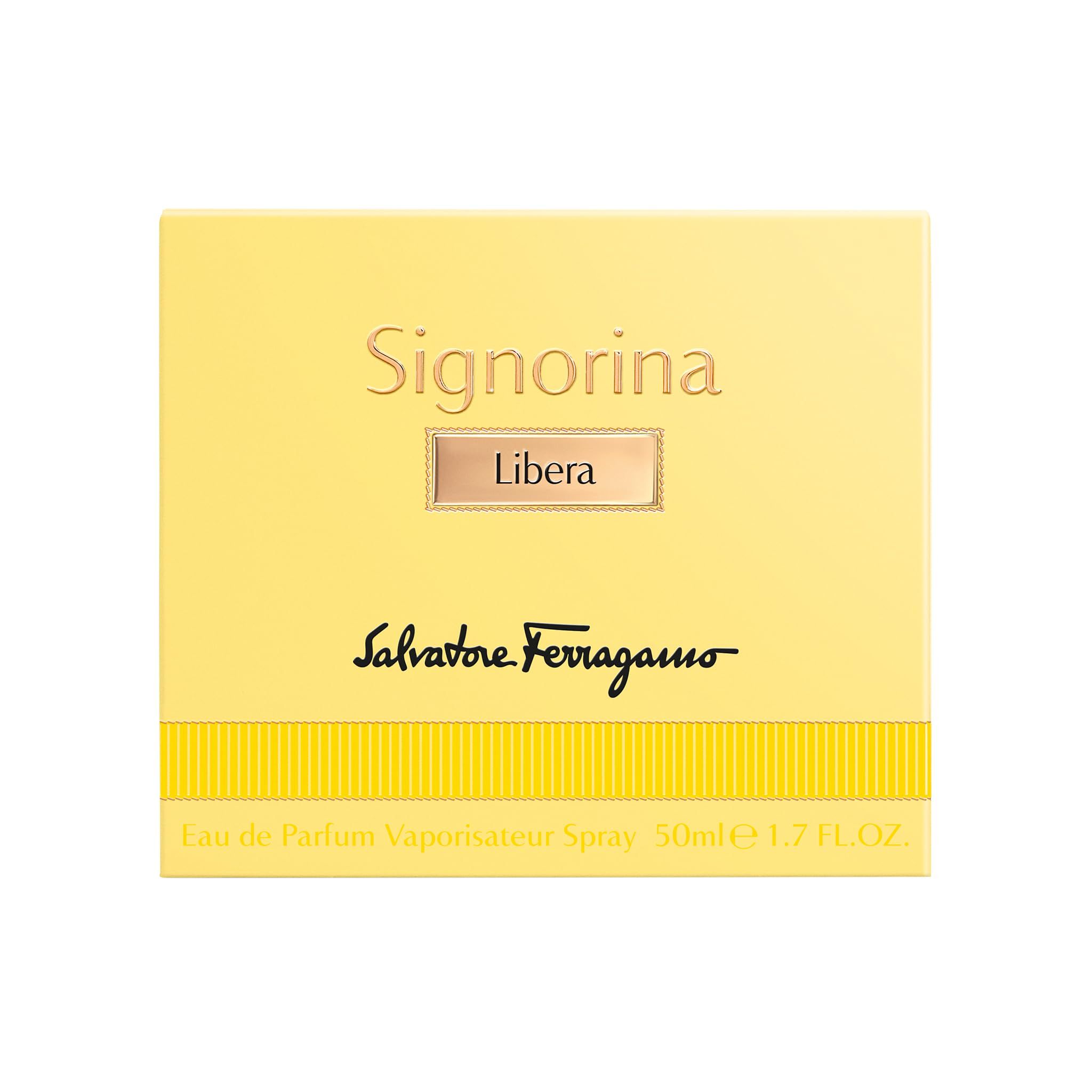 Confezione gialla con scritta Signorina Libera e Salvatore Ferragamo. Scritta Eau de Parfum Vaporisateur Spray 50ml 1.7 FL.OZ.