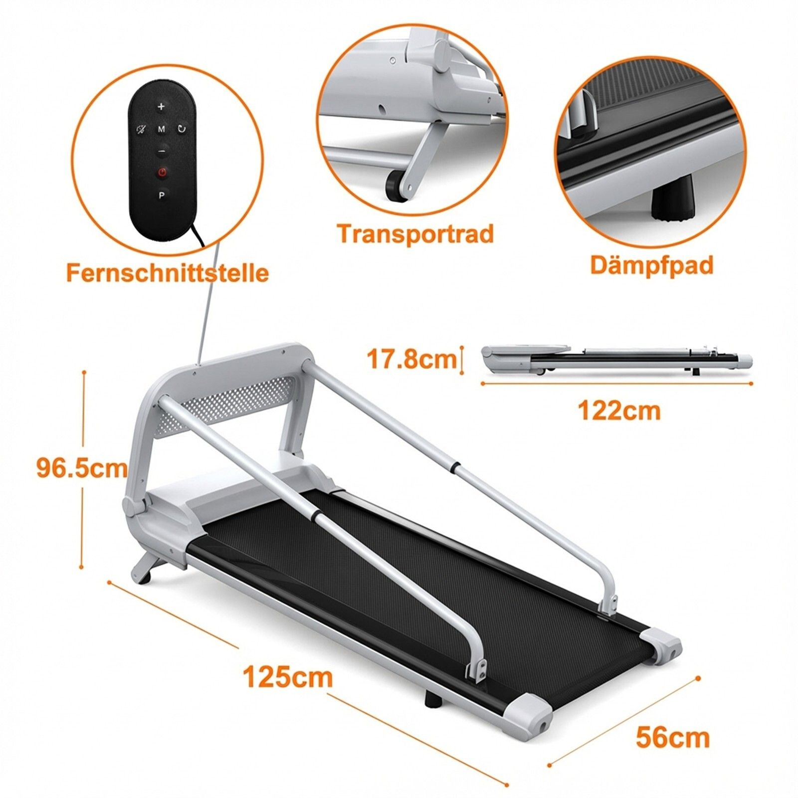 Tapis roulant per cani con dimensioni: 125x56x96,5 cm. Telecomando, ruota di trasporto, cuscinetto ammortizzante. Struttura bianca, superficie nera.
