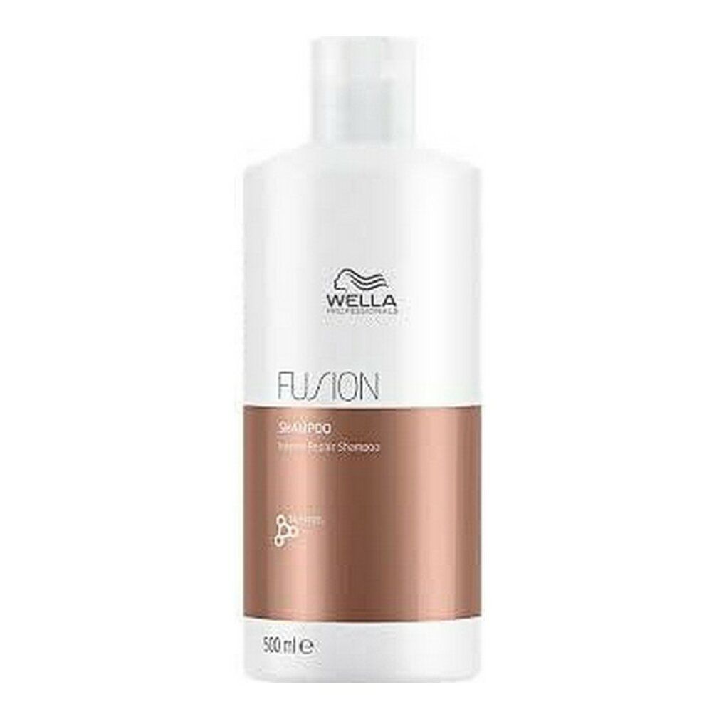 Flacone di shampoo bianco con sezione marrone. Scritta: WELLA FUSION, Shampoo, Intense Repair Shampoo. 500 ml.
