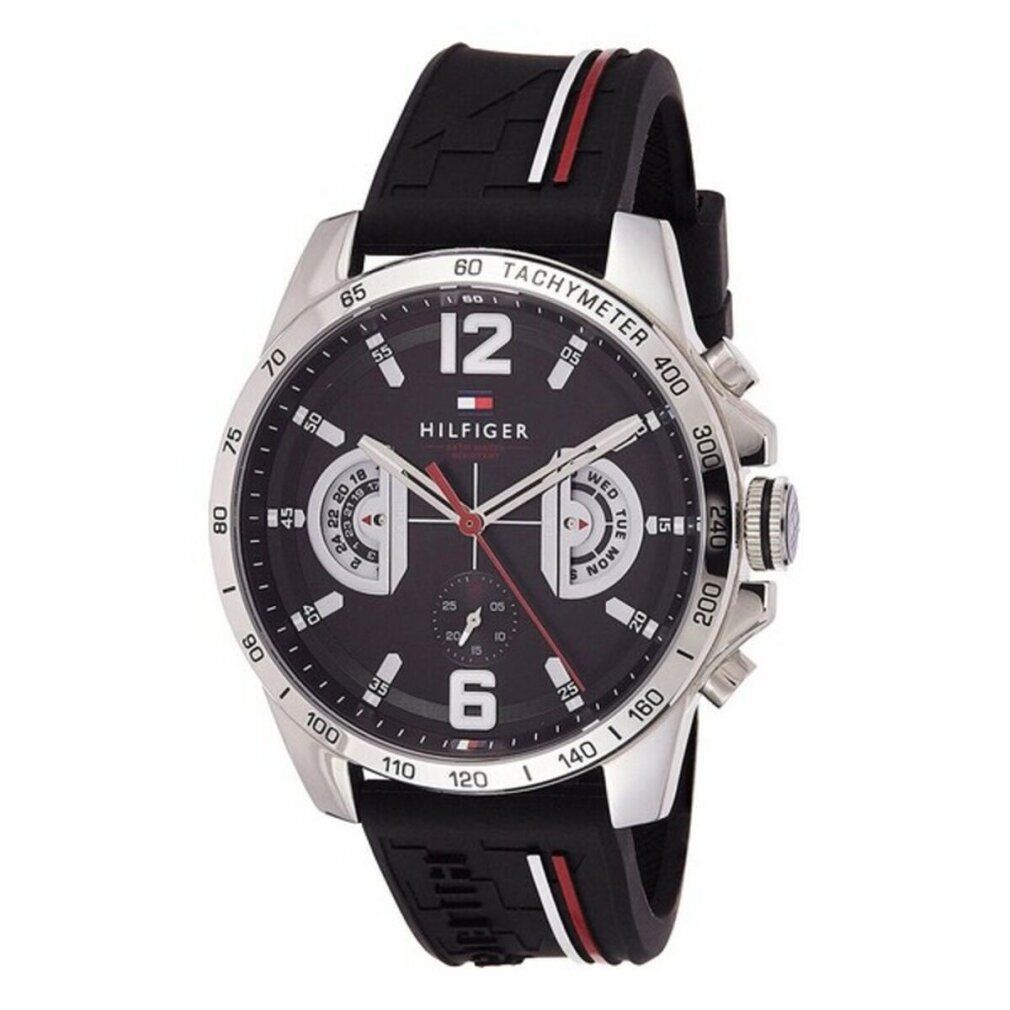 Orologio Tommy Hilfiger con quadrante nero, cassa argentata e cinturino nero. Dettagli rossi.