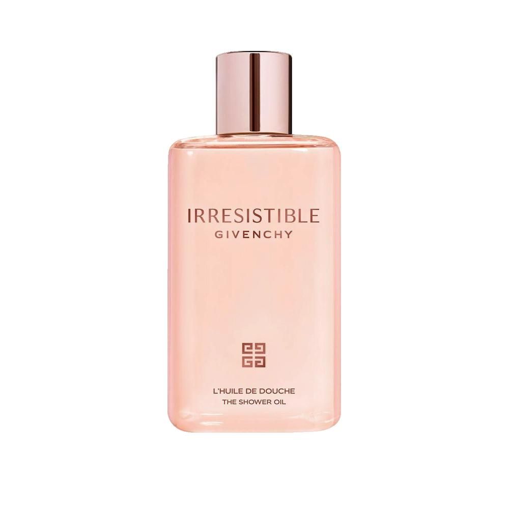 Flacone rettangolare rosa. Scritta: Irresistible Givenchy, L'Huile de Douche, The Shower Oil. Tappo color oro rosa.