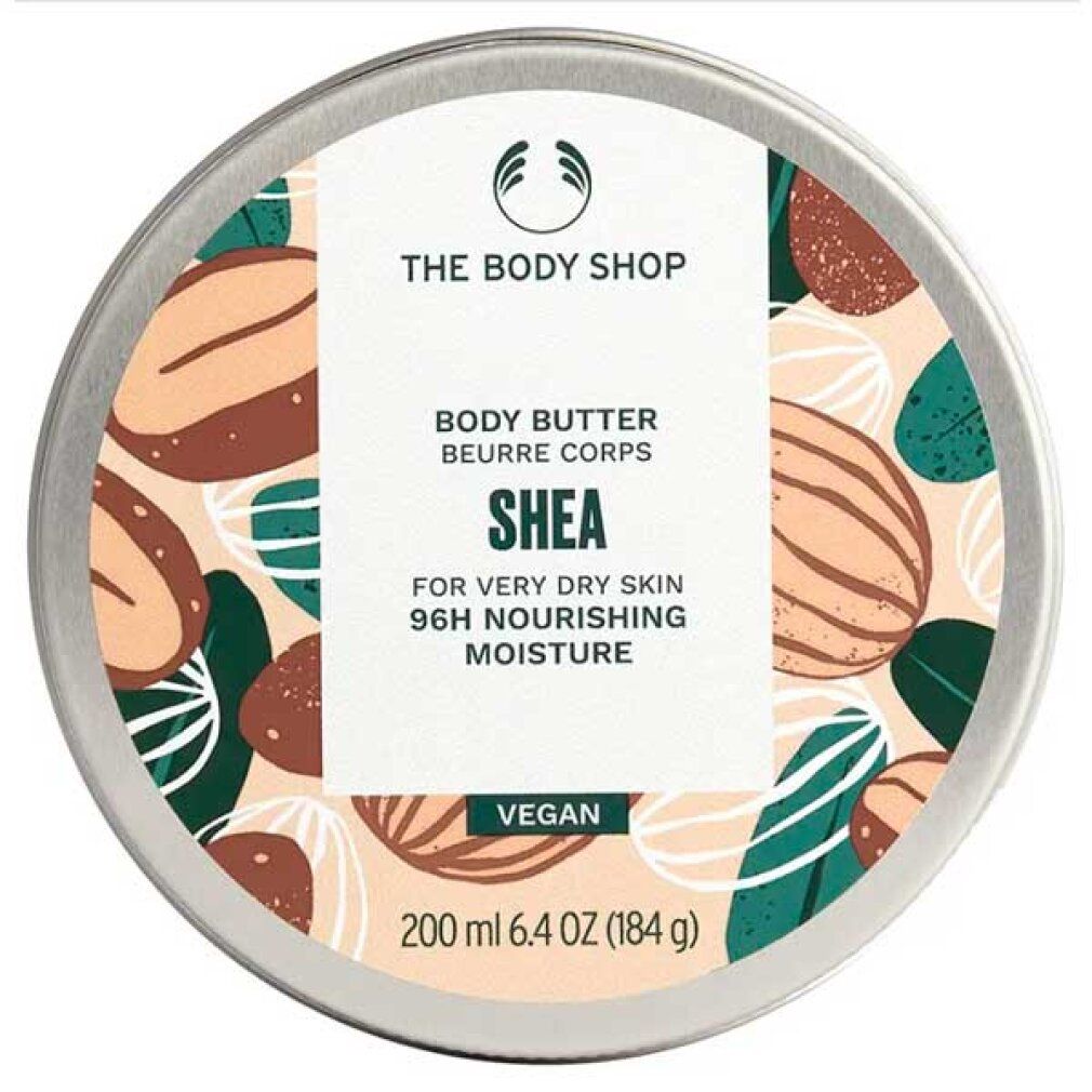 Barattolo rotondo di burro corpo. Coperchio con informazioni sul prodotto. Scritta: Shea, per pelli molto secche, vegano. Contenuto: 200 ml.