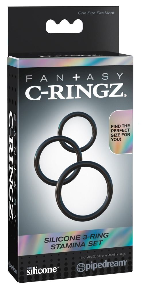 Confezione di tre anelli neri in silicone. Testo: Fantasy C-Ringz, Silicone 3-Ring Stamina Set.