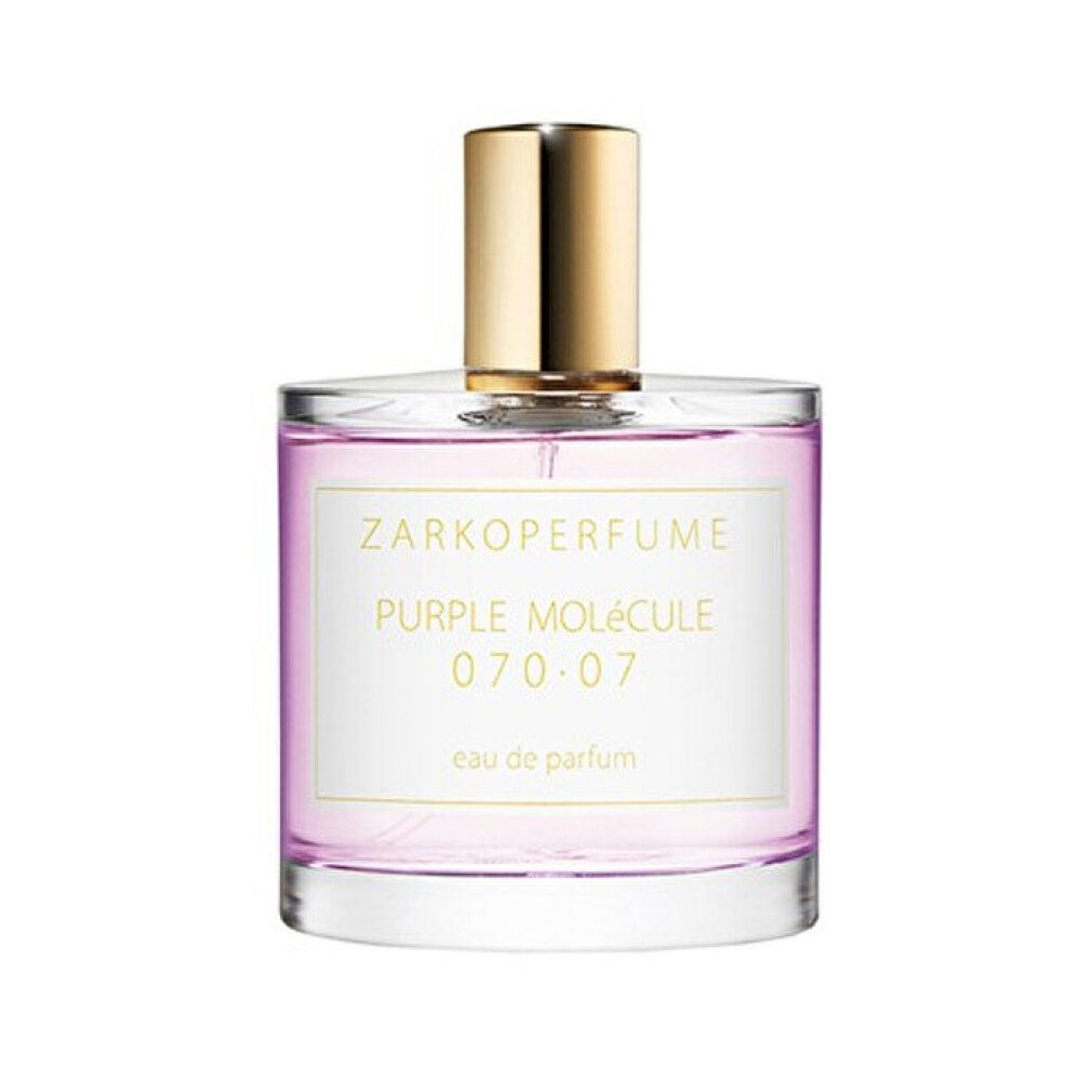 Flacone di profumo con liquido viola, tappo dorato. Scritta: ZARKOPERFUME, PURPLE MOLECULE 070.07, eau de parfum.