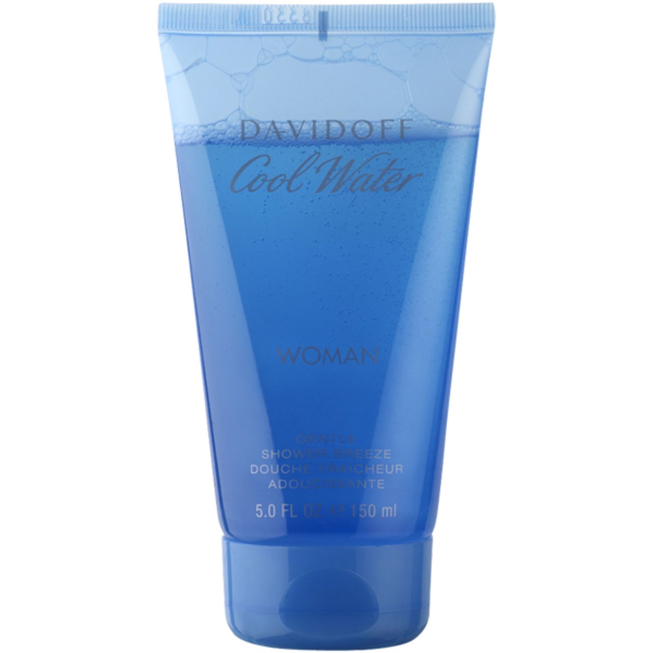 Tubo di gel doccia blu. Scritta: Davidoff Cool Water Woman, Gentle Shower Breeze. 150 ml.