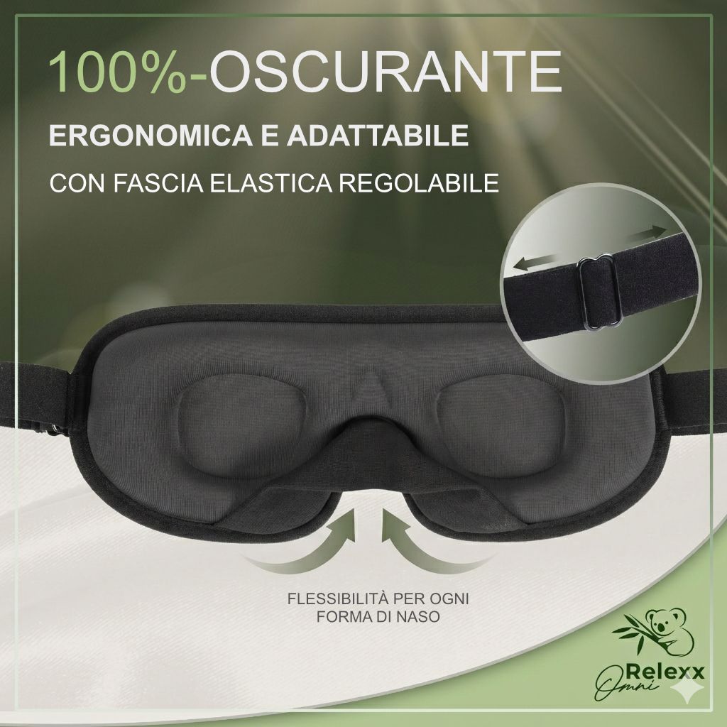 Primo piano della maschera per dormire. Ergonomica e adattabile. Fascia elastica regolabile. Marchio OmniRelexx.