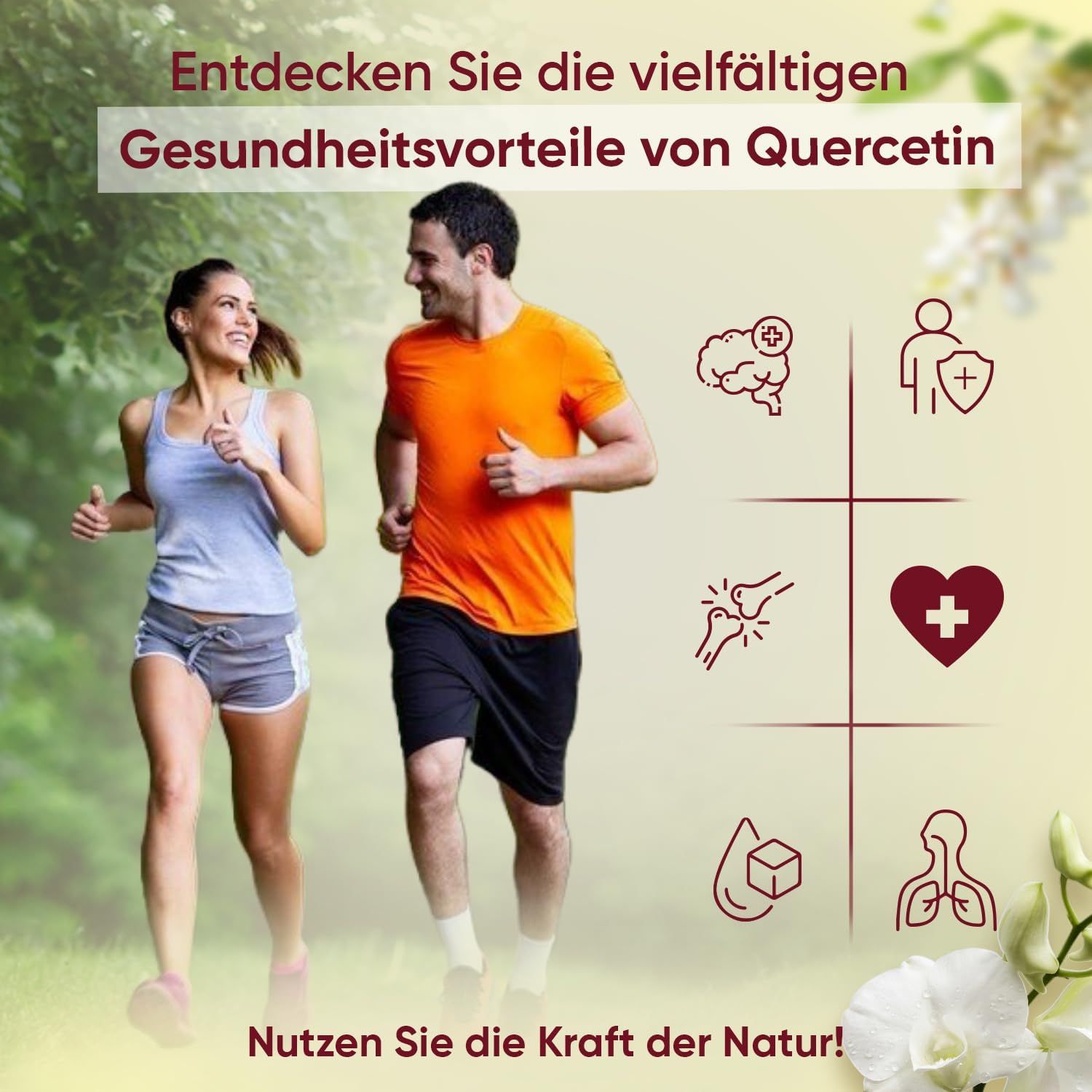 Due persone fanno jogging. Icone: cervello, scudo, articolazioni, cuore, goccia, polmoni. Testo: La forza della natura!