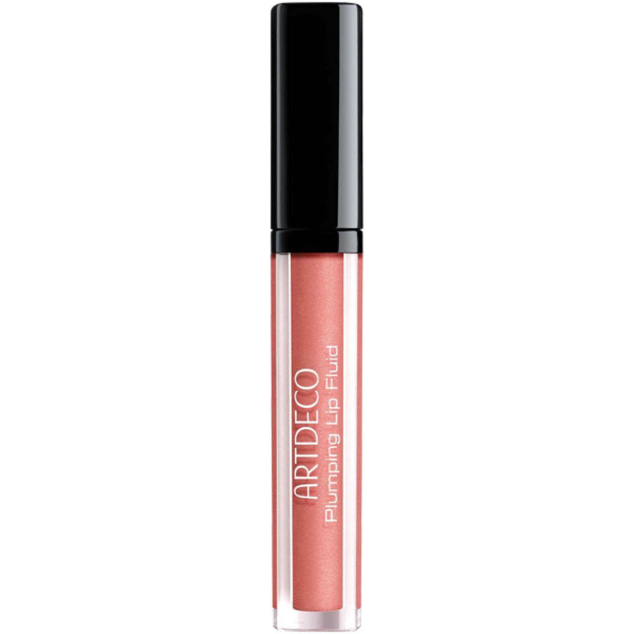 Artdeco Plumping Lip Fluid. Tubo trasparente con tappo nero. Nome del prodotto e marchio sul tubo.
