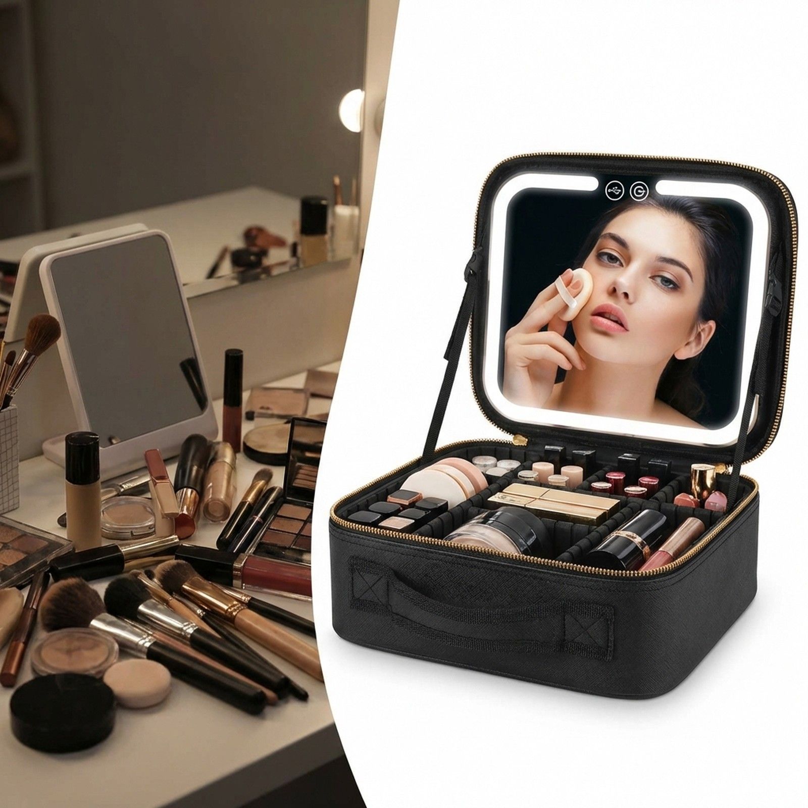 Beauty case nero con dimensioni e dettagli.