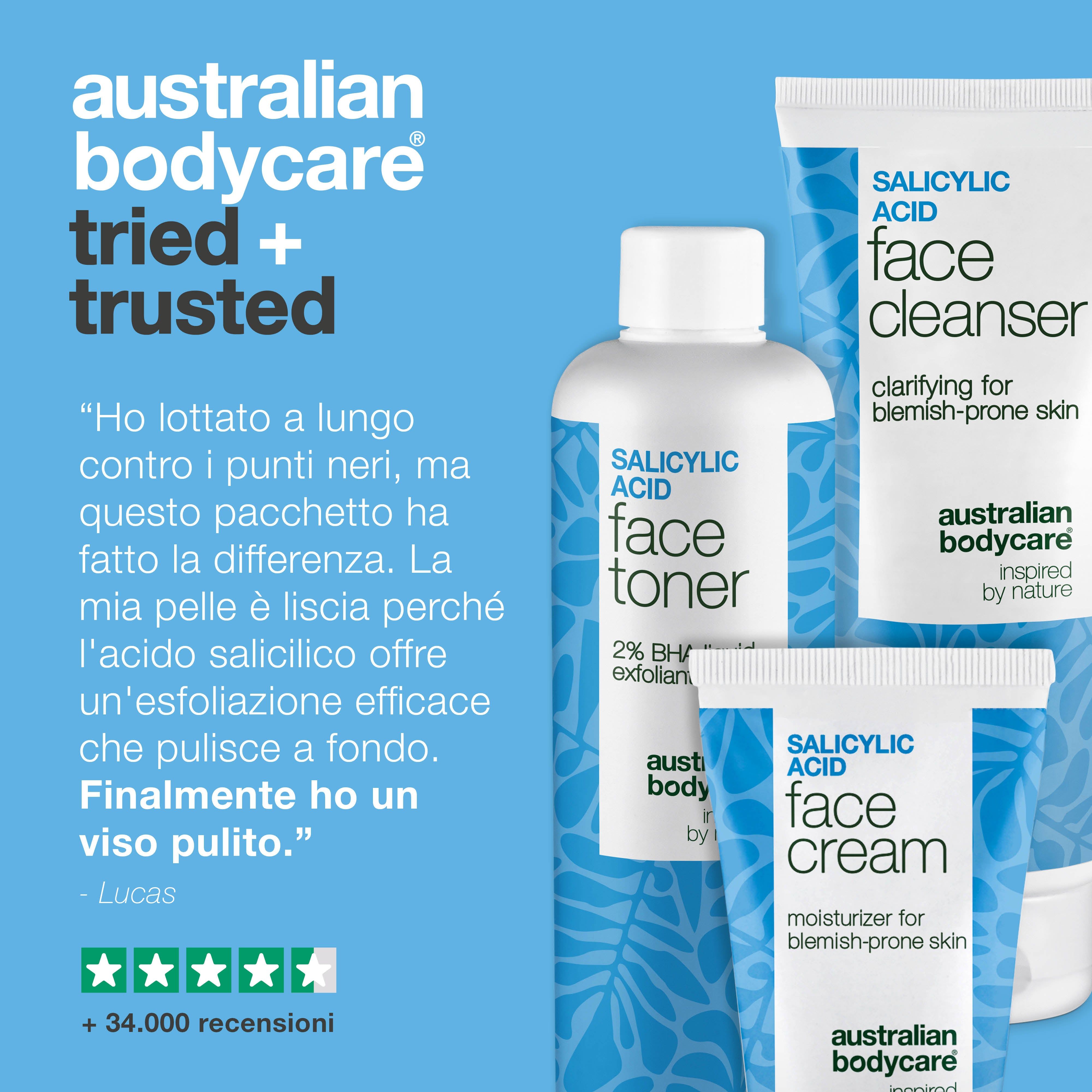 Tre prodotti Australian Bodycare: tonico, detergente e crema viso. Testo: provato e testato.