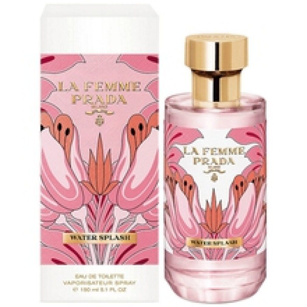 Flacone e confezione Prada La Femme Water Splash Eau de Toilette. Scritta: La Femme Prada, Water Splash. Design floreale.