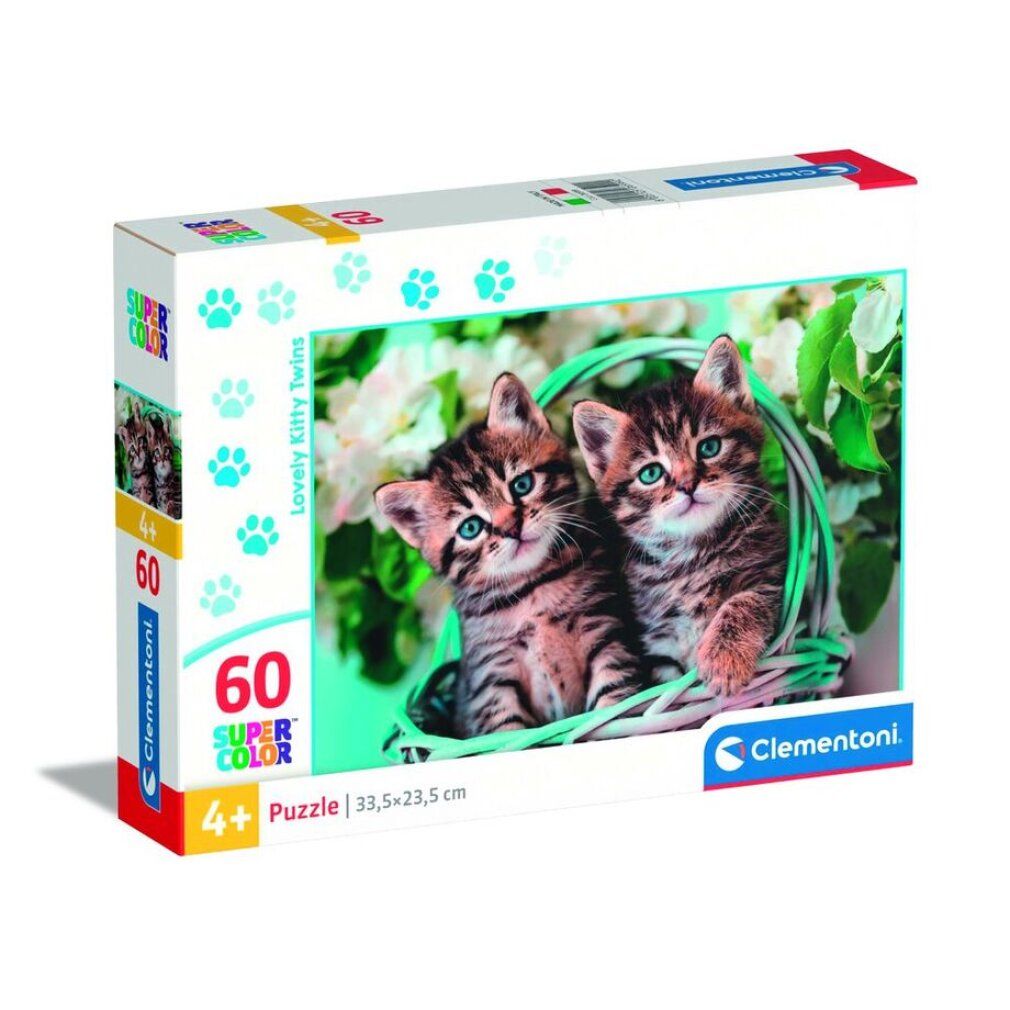 Scatola puzzle Clementoni con immagine di due gattini nel cesto. 60 pezzi, Super Color, 4+ anni.