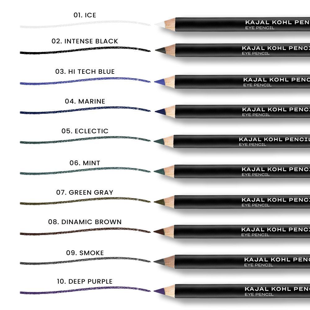 Matite Kajal Khol in vari colori, con linee di colore e nome del prodotto.