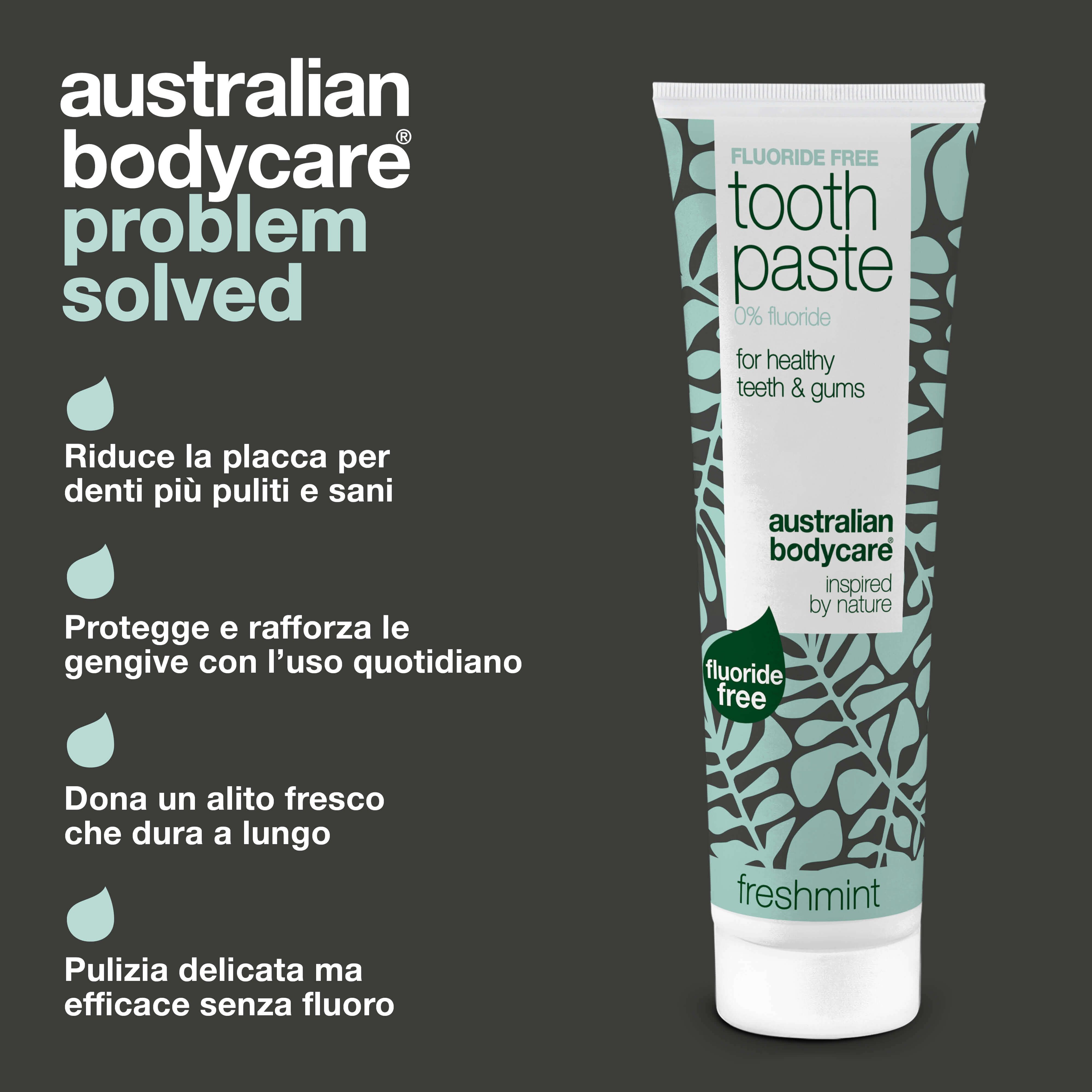 Tubo di dentifricio. Scritta: Fluoride Free, Toothpaste, 0% fluoride, per denti e gengive sani. Testo: Riduce la placca.