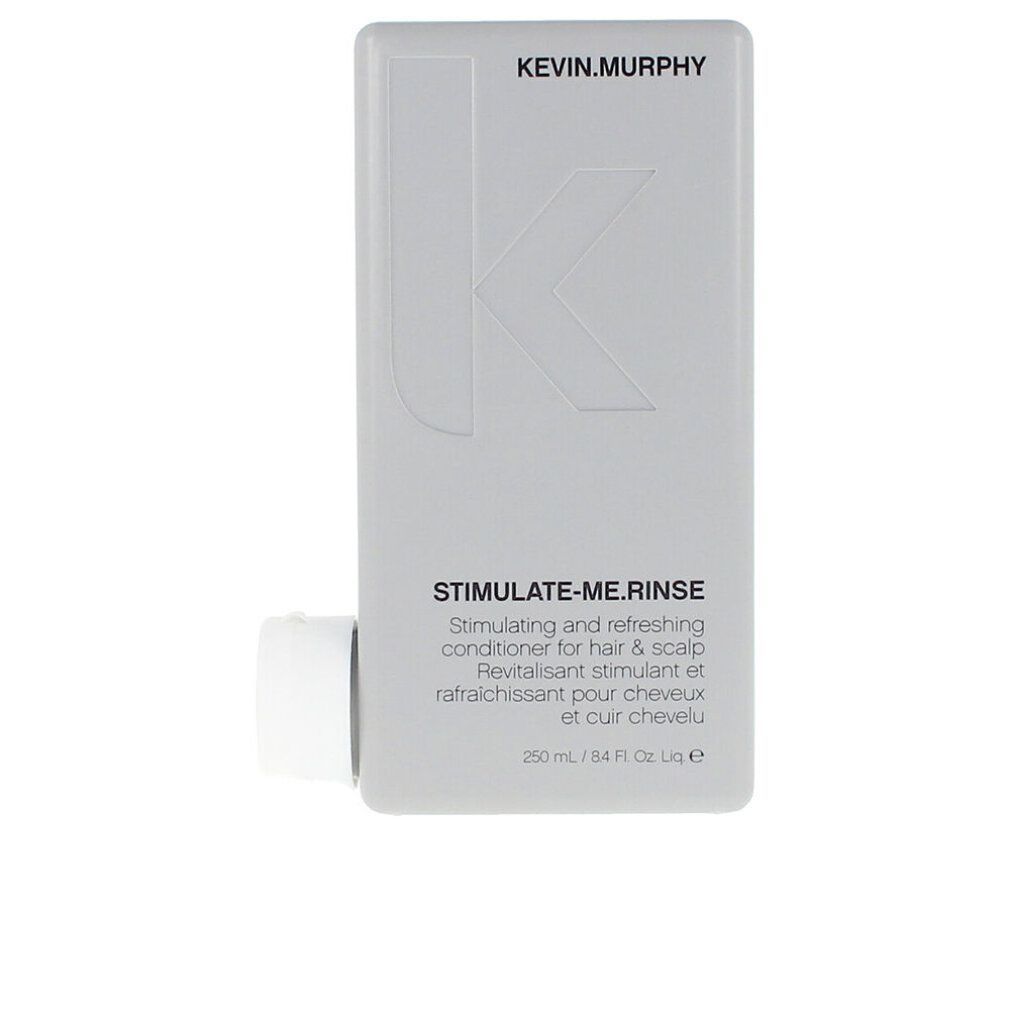 Flacone grigio con tappo bianco. Scritta: KEVIN.MURPHY, STIMULATE-ME.RINSE, balsamo per capelli e cuoio capelluto. 250ml.