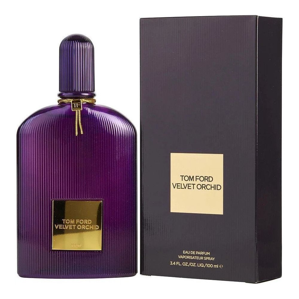 Flacone viola e scatola nera. Etichetta dorata. Scritta: TOM FORD VELVET ORCHID. Flacone con tappo nero.