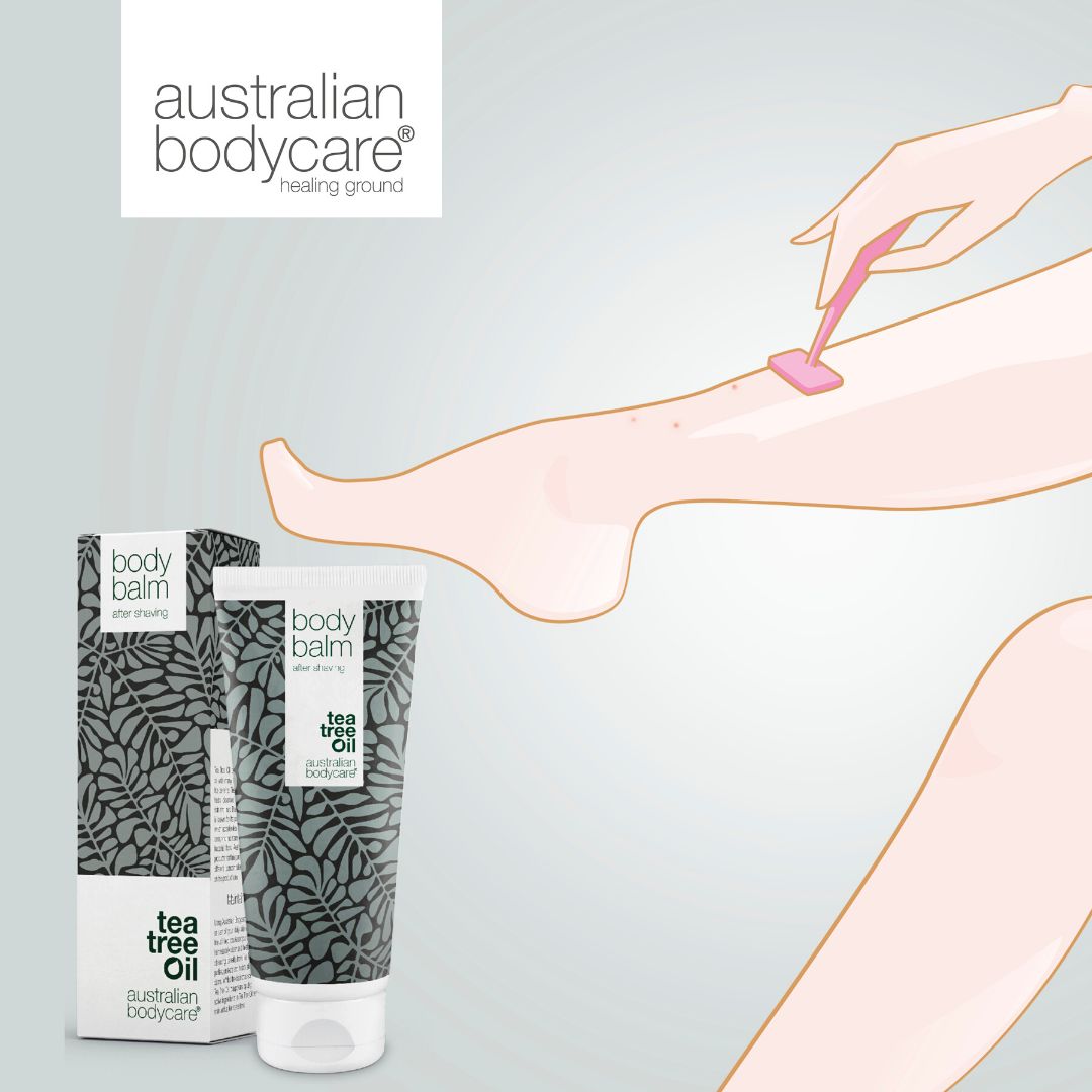 Illustrazione: persona che si rade la gamba. Prodotti: Body Balm e confezione. Marchio: Australian Bodycare.