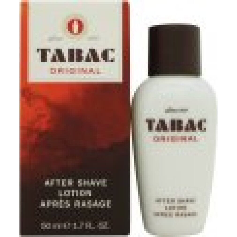 Flacone bianco con tappo marrone e confezione rossa. Scritta: TABAC ORIGINAL, After Shave Lotion. 50ml.