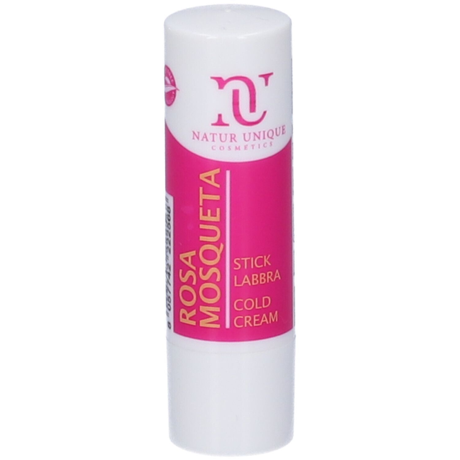 Stick labbra con etichetta rosa. Testo: Rosa Mosqueta, Stick Labbra, Cold Cream. Marchio: Natur Unique Cosmetics.