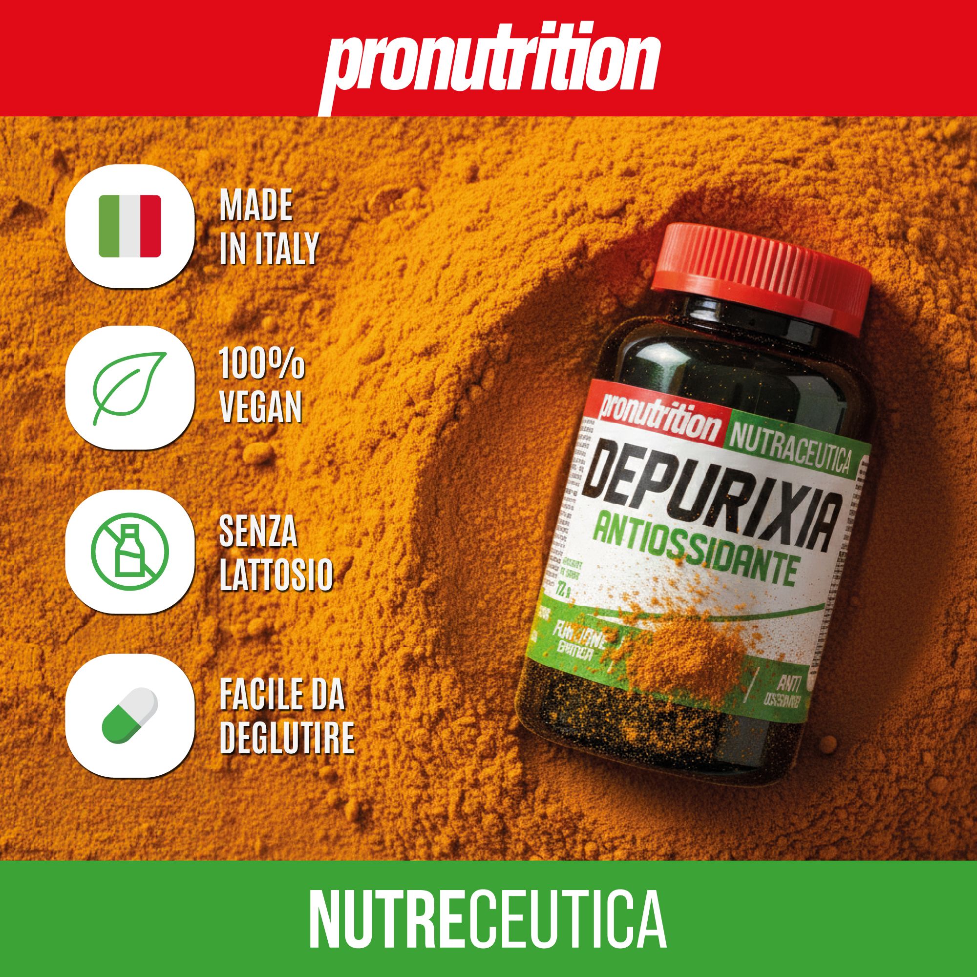Flacone nero con tappo rosso. Scritta: Depurixia, antiossidante. Su polvere di curcuma, con bandiere italiane.