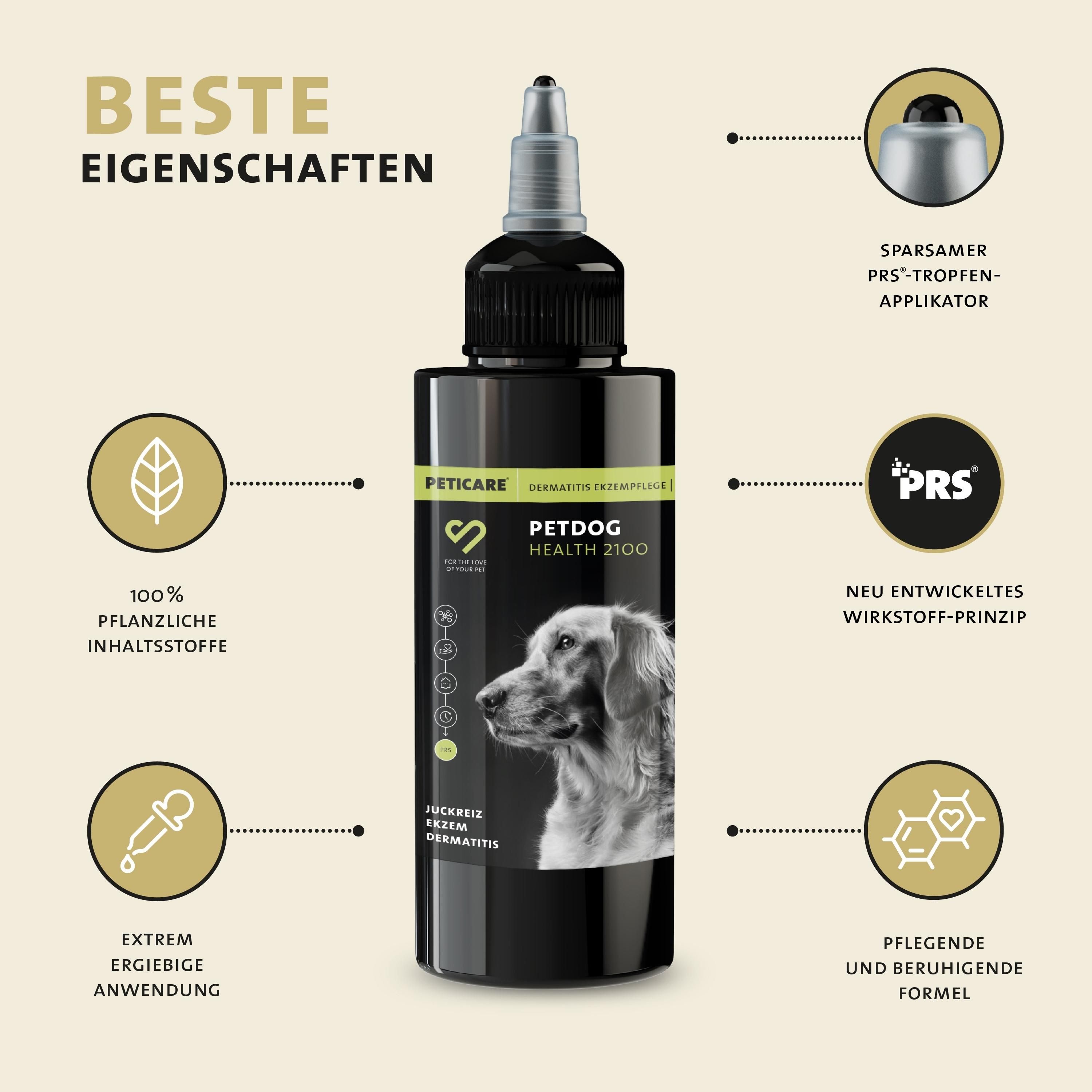 Flacone nero con applicatore. Testo: Peticare, Petdog Health 2100. Ingredienti vegetali al 100%.