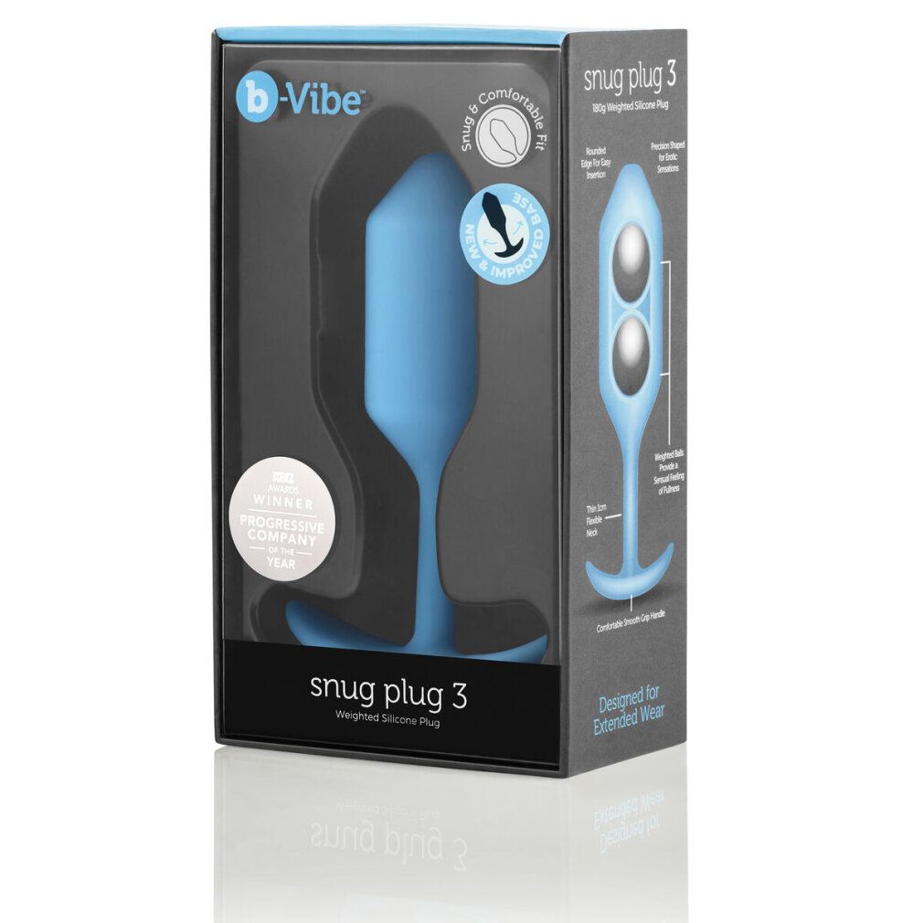 Confezione con plug turchese. Nome prodotto: Snug Plug 3. Testo: Weighted Silicone Plug.