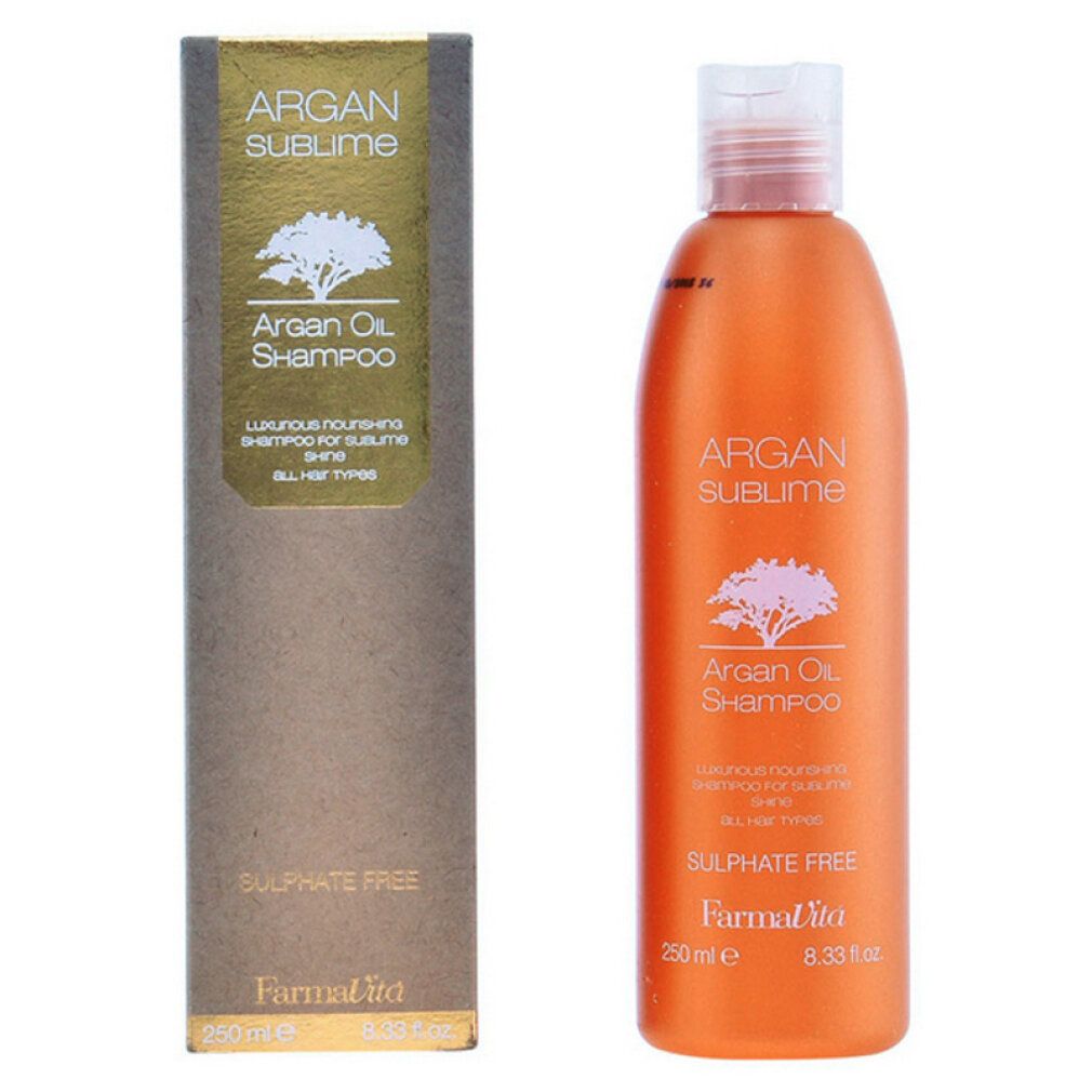 Flacone shampoo arancione con scatola. Scritta "Argan Sublime Shampoo", logo albero, "Sulphate Free". Flacone: 250 ml.