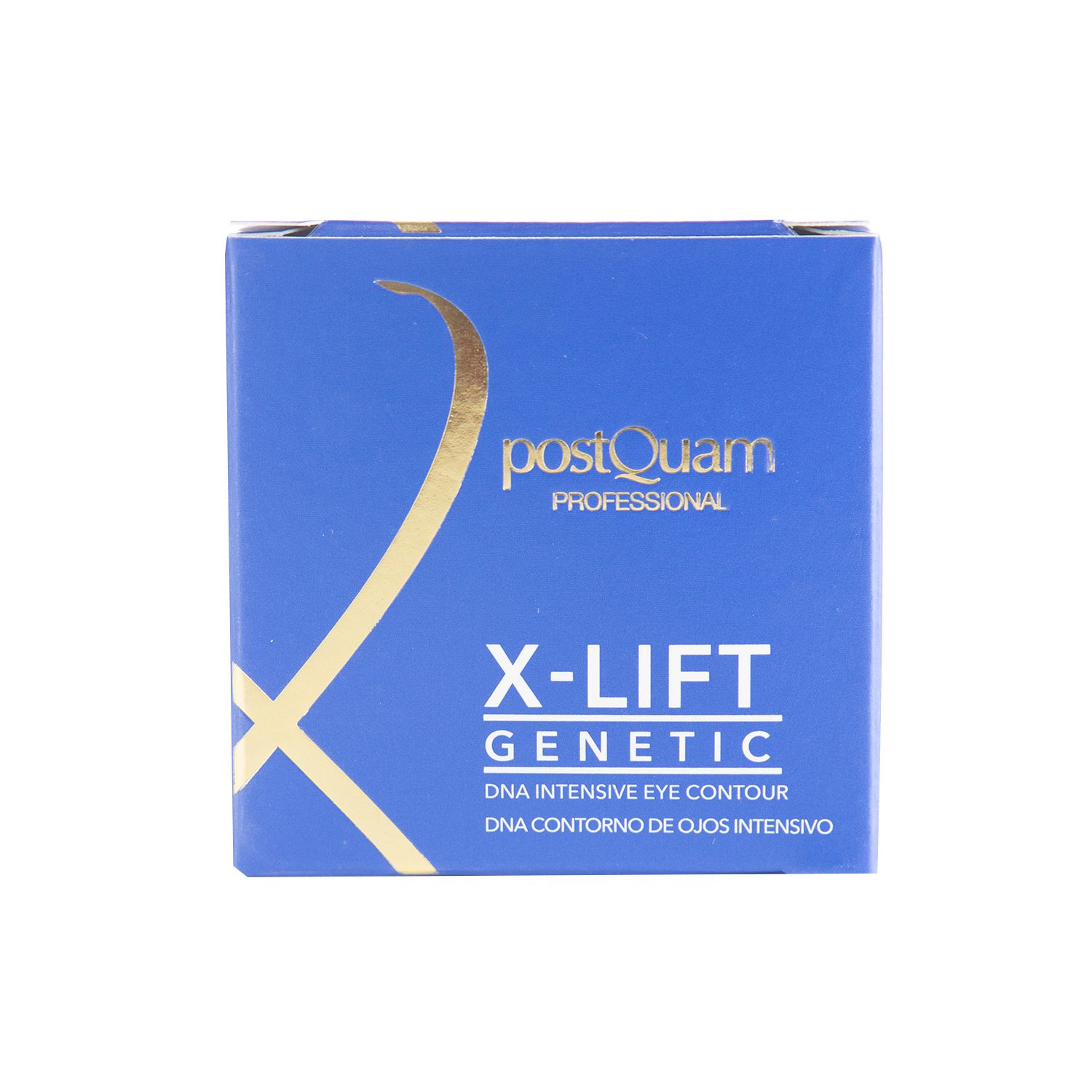 Confezione blu con logo dorato e scritta: X-LIFT GENETIC, DNA Intensive Eye Contour.