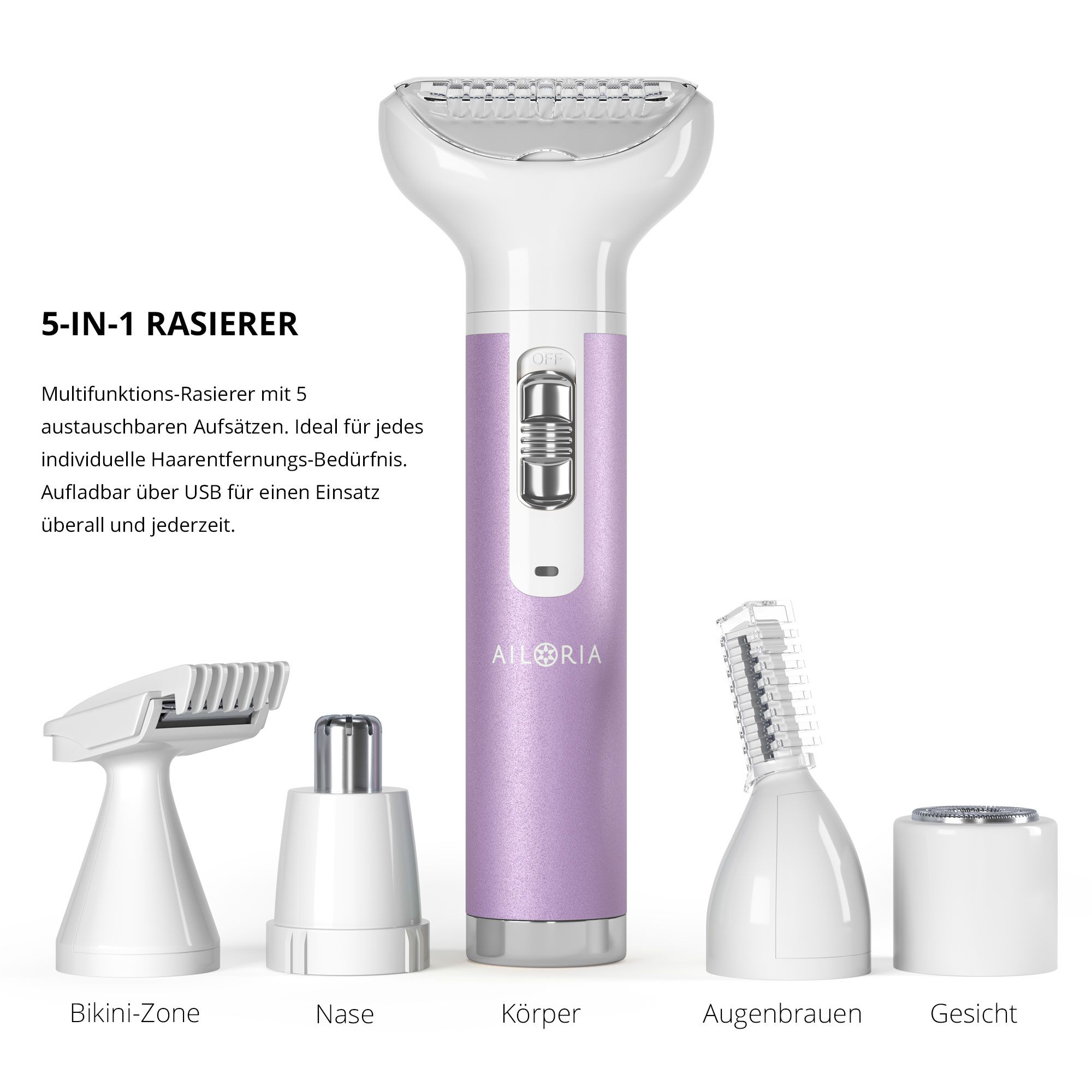 Rasoio con 5 accessori. Logo AILORIA. Accessori per bikini, naso, corpo, sopracciglia e viso.