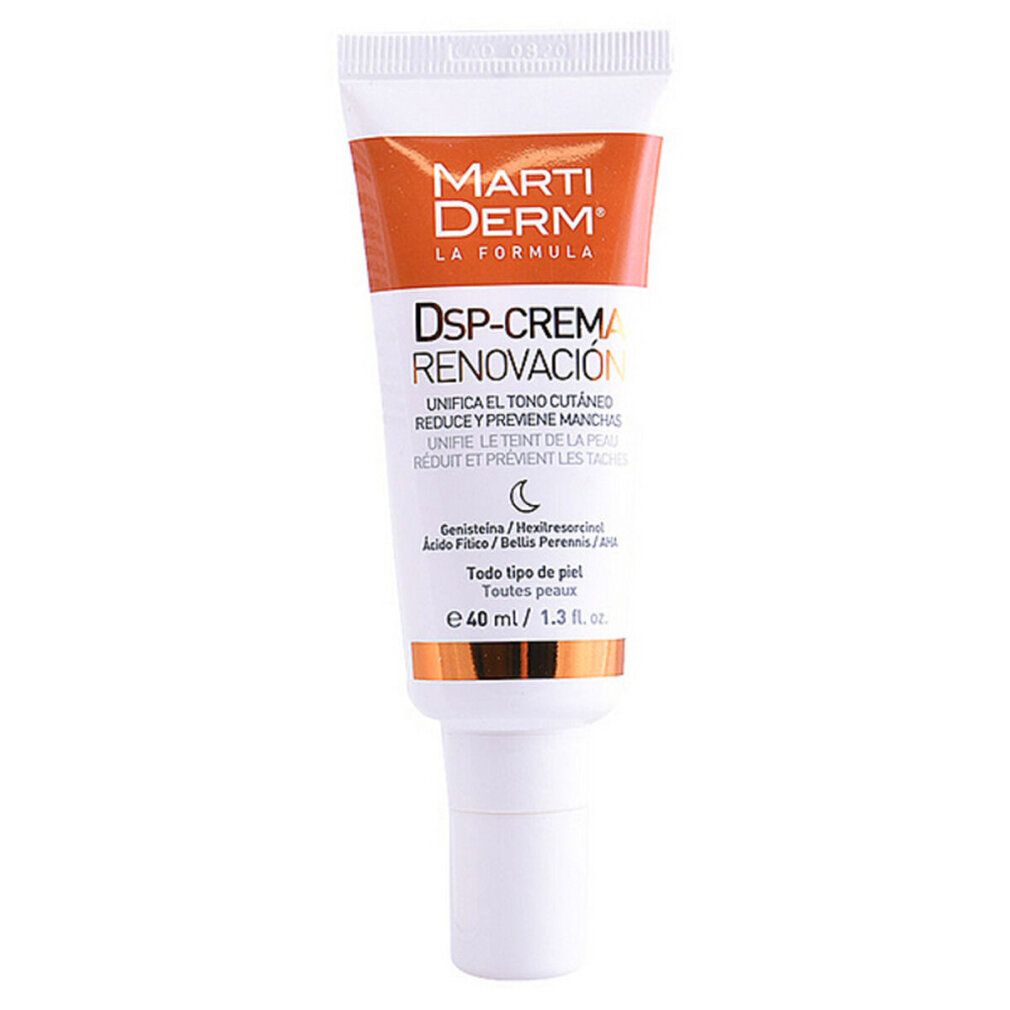 Tubo di crema con nome e ingredienti. Colori arancione e bianco. Volume: 40 ml.