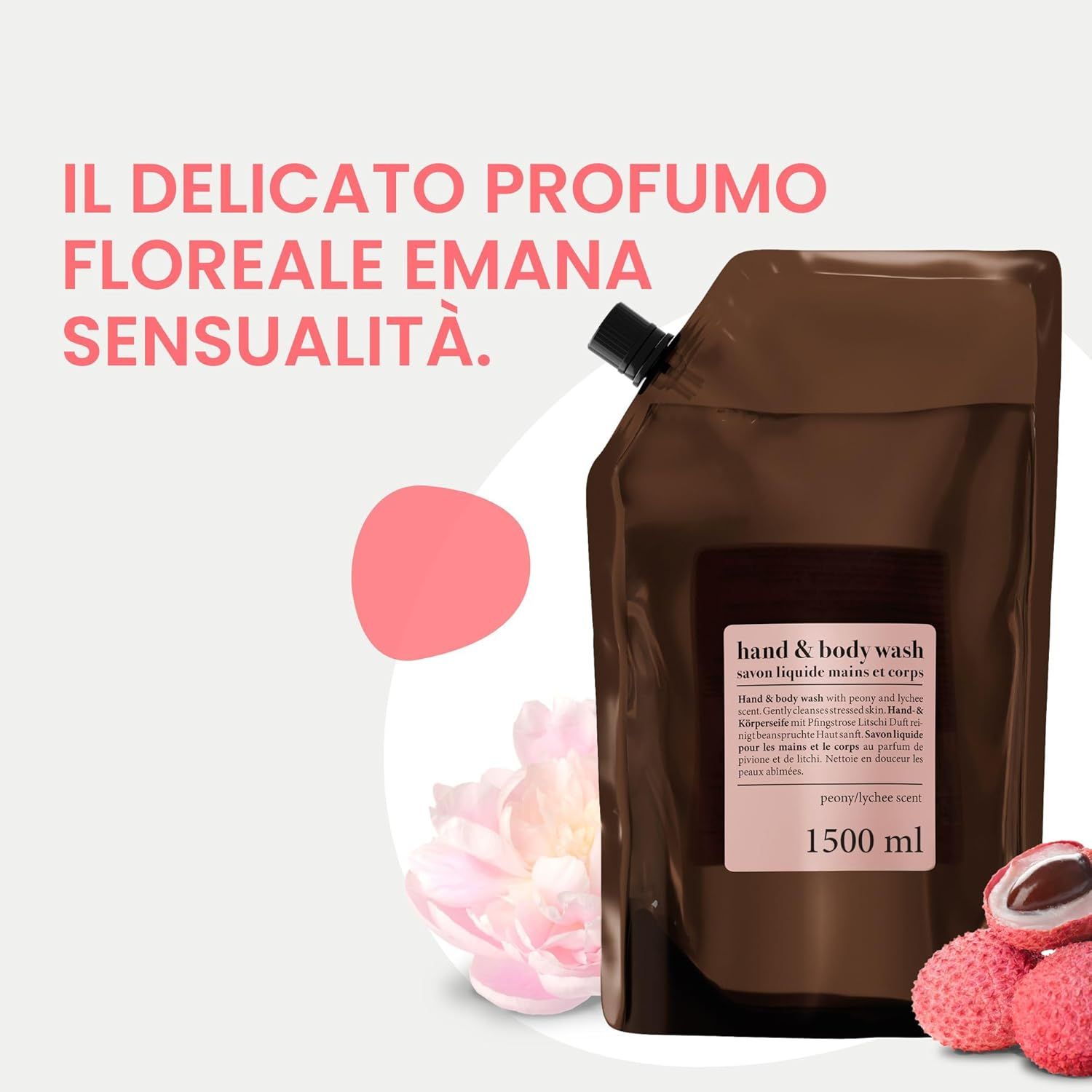 Ricarica marrone con informazioni sul prodotto. 1500 ml. Delicato profumo floreale. Litchi e peonia. Sensualità.