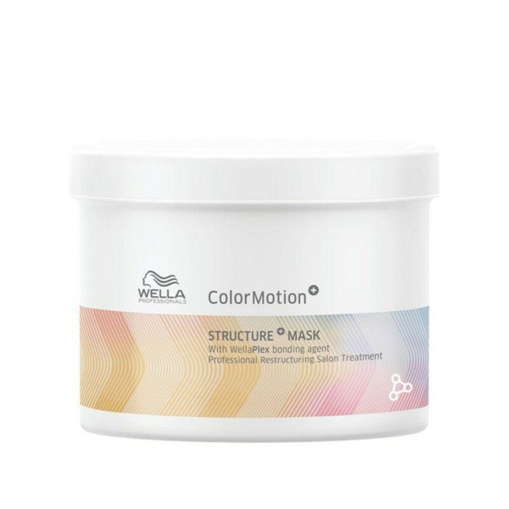 Vaso bianco con etichetta colorata. Scritta: Wella ColorMotion+ Structure Mask.